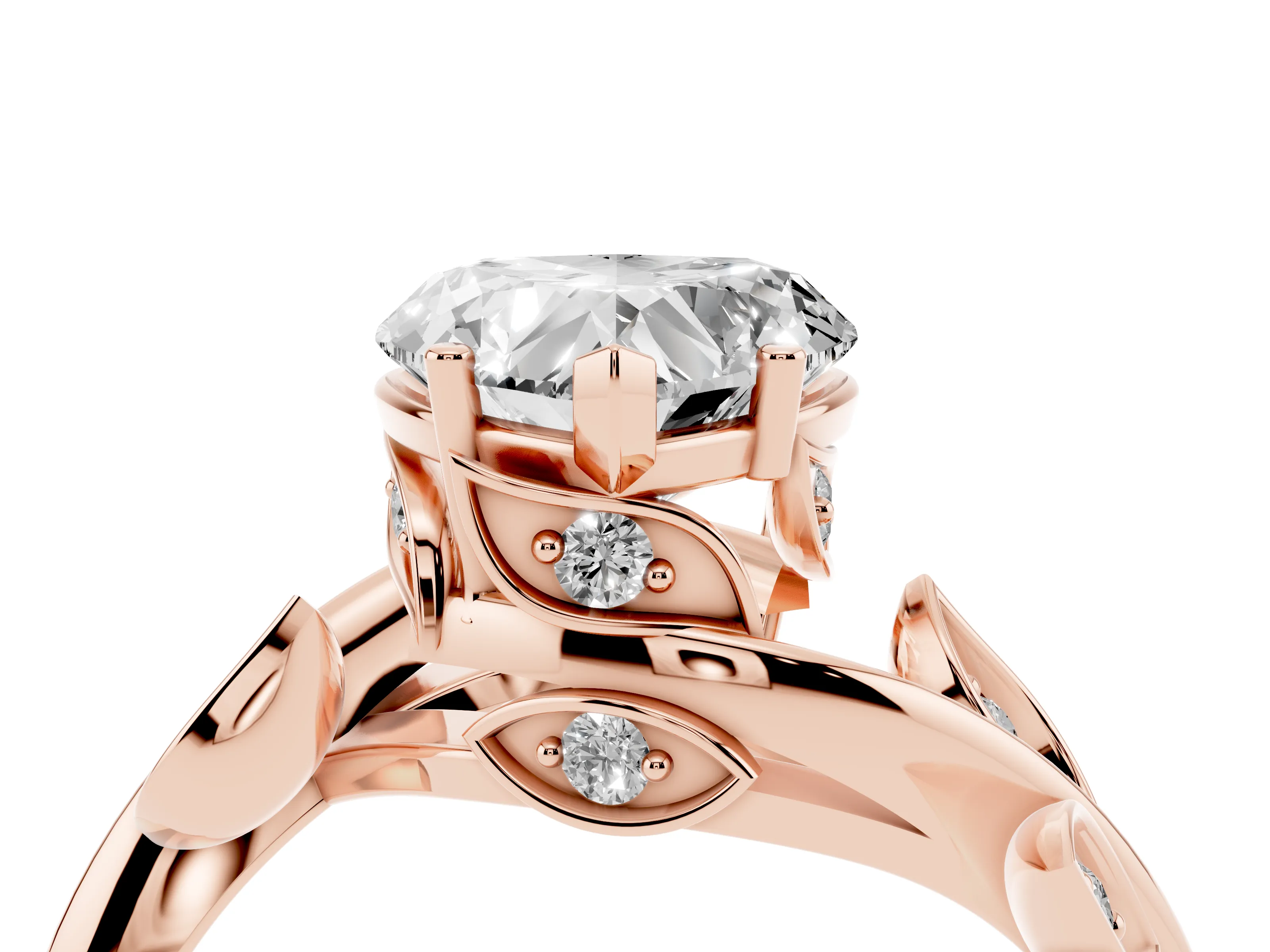 Heart Cut Diamond Solitaire Twist Engagement Ring Set in Rose gold with Pavé Leaf Accents