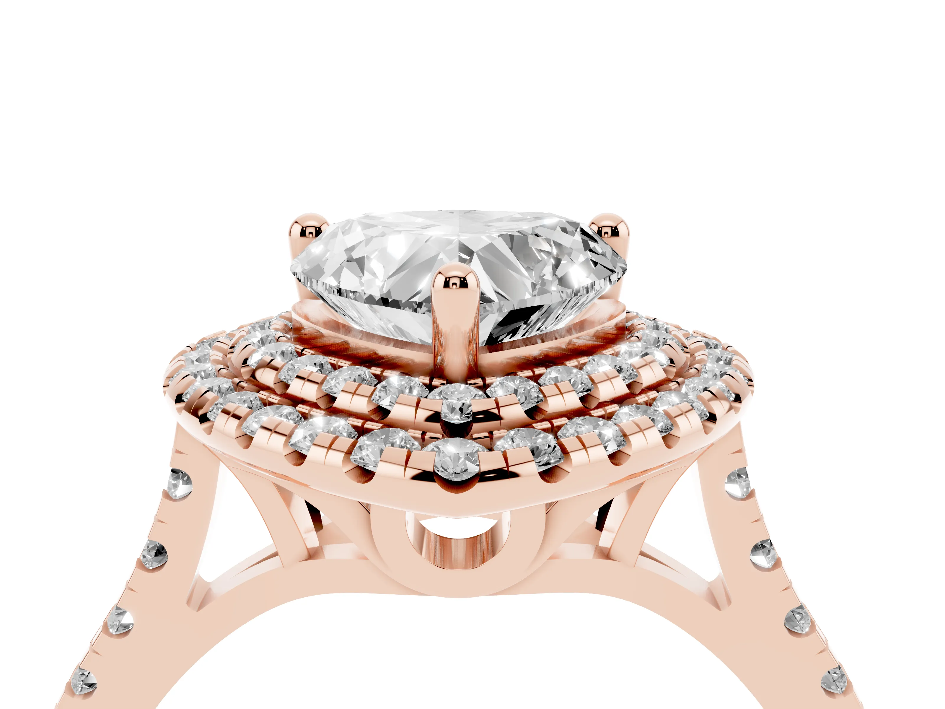 Heart Cut Diamond Double Halo Statement Ring Set in Rose gold with Pavé Band
