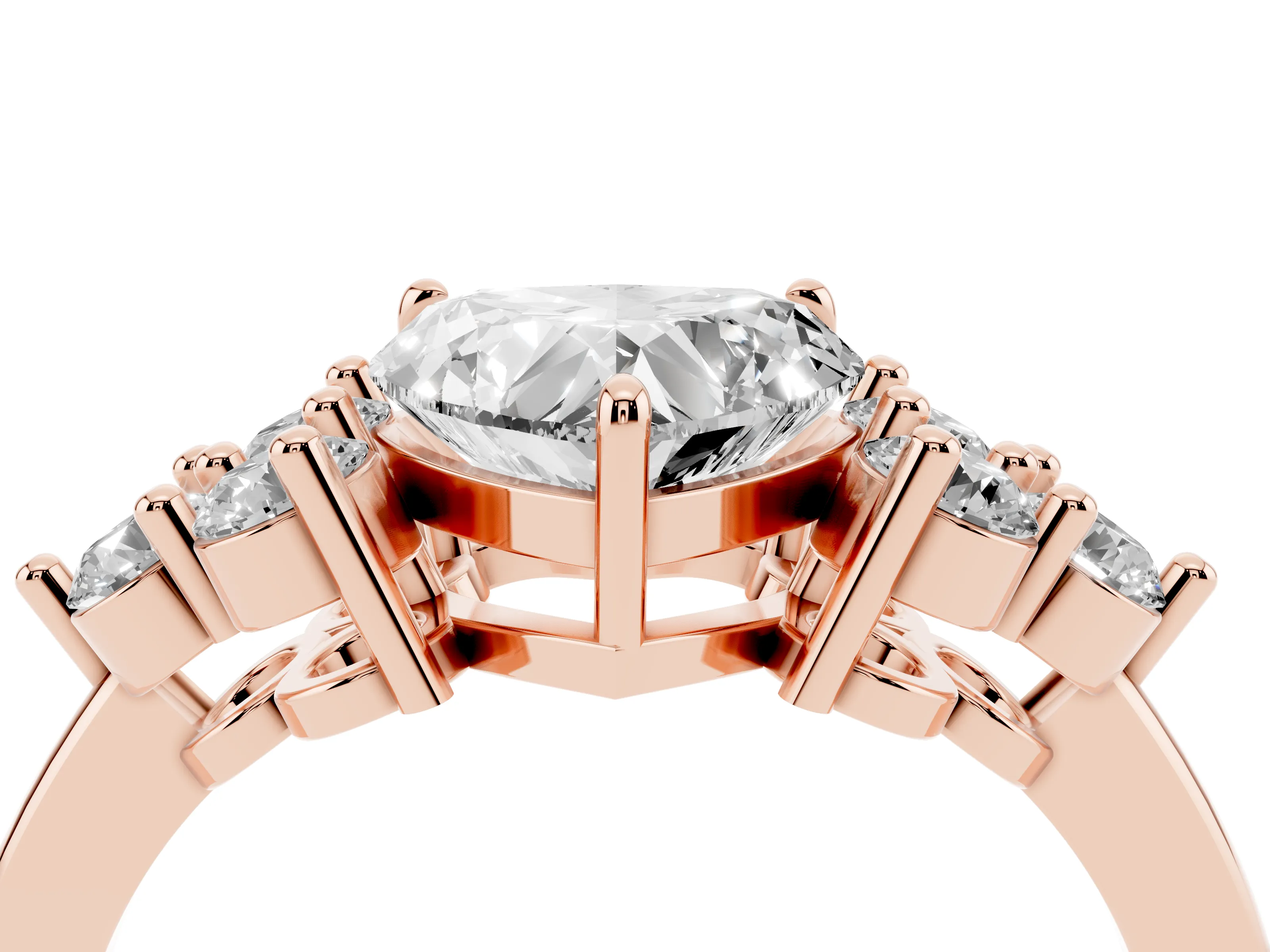 Heart Cut Diamond Solitaire Ring Set in Rose gold with Cluster Accents on Each Side