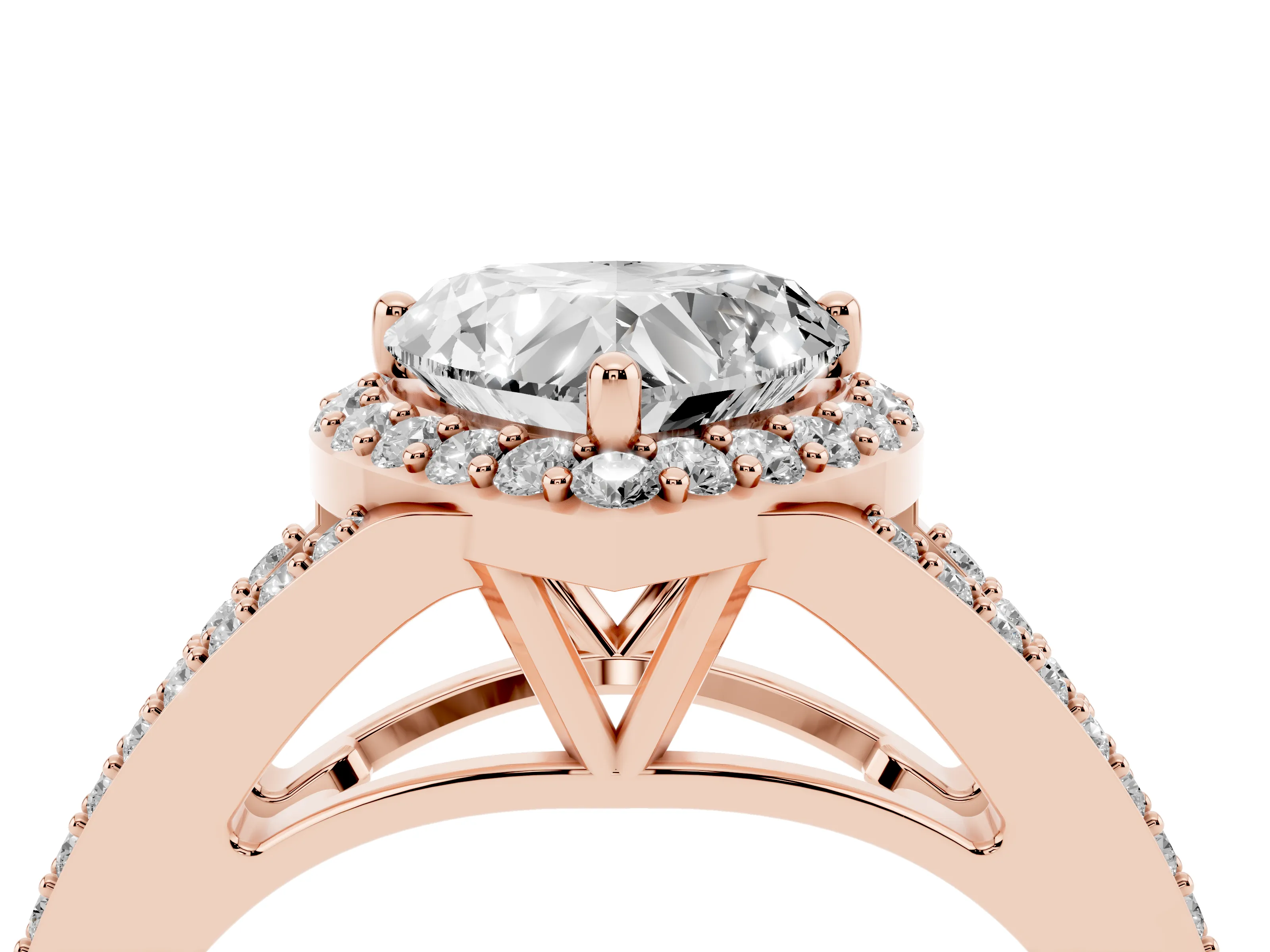 Heart Cut Diamond Halo Split Shank Pavé Ring Set in Rose gold with Prong Setting