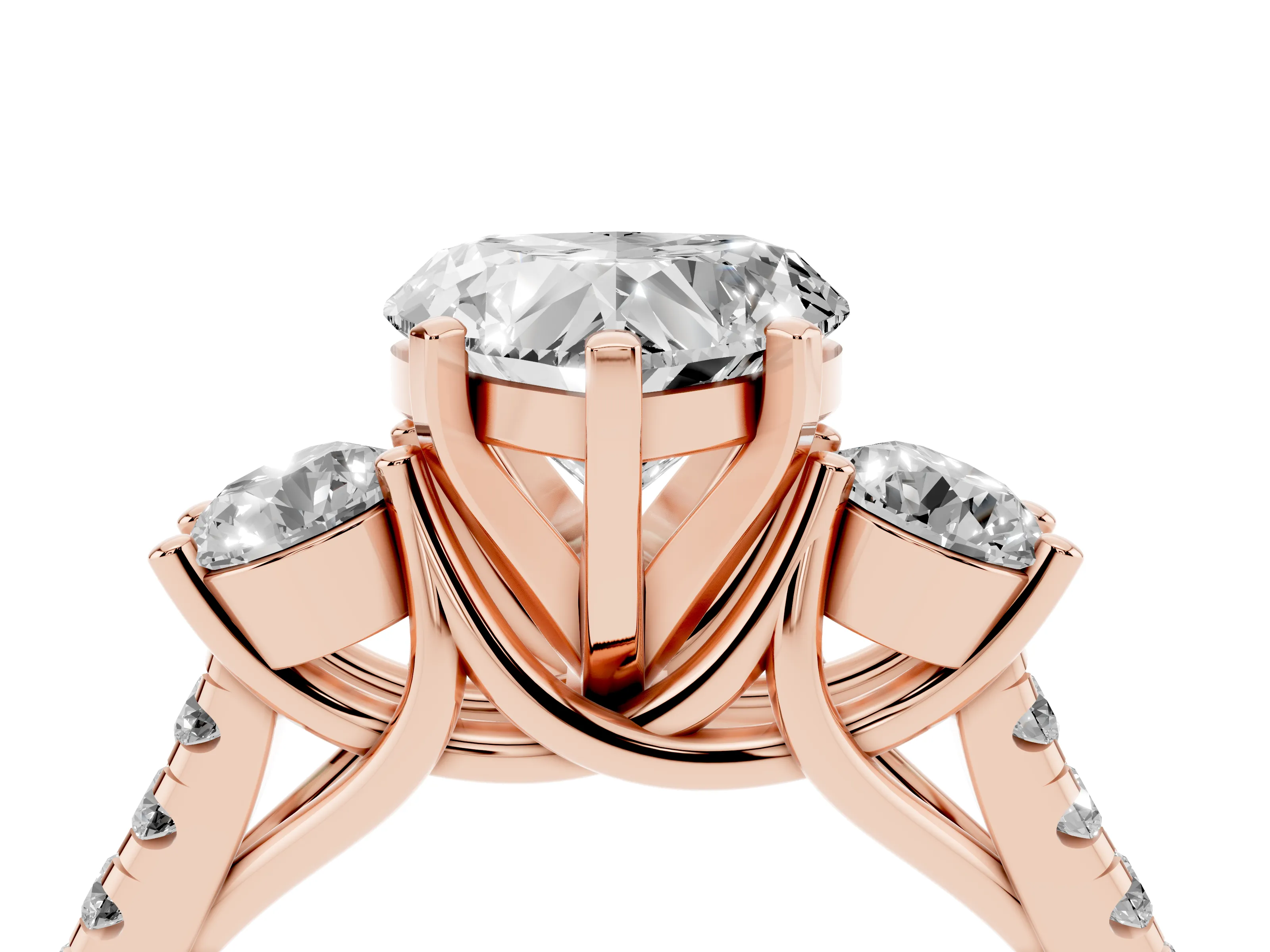 Three-Stone Heart Cut Diamond Pavé Band Ring Set in Rose gold with Prong-Set Trio
