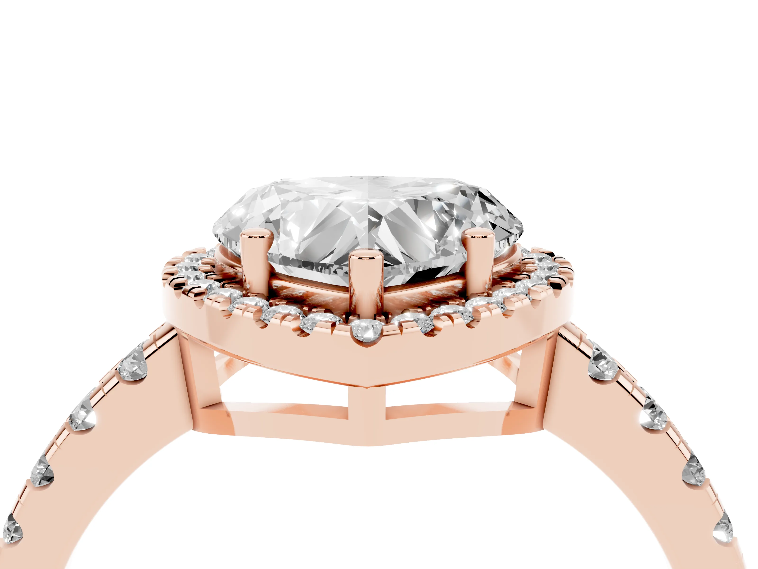 Heart Cut Diamond Halo Ring Set in Rose gold with Delicate Pavé Band and Prong Setting