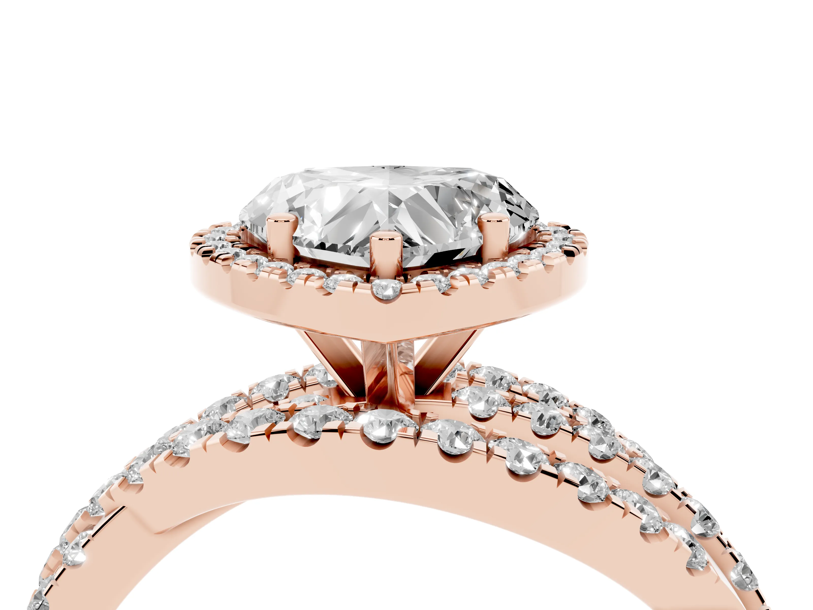 Heart Cut Diamond Halo Ring Set in Rose gold with Round Crossover Split Shank and Prong Setting