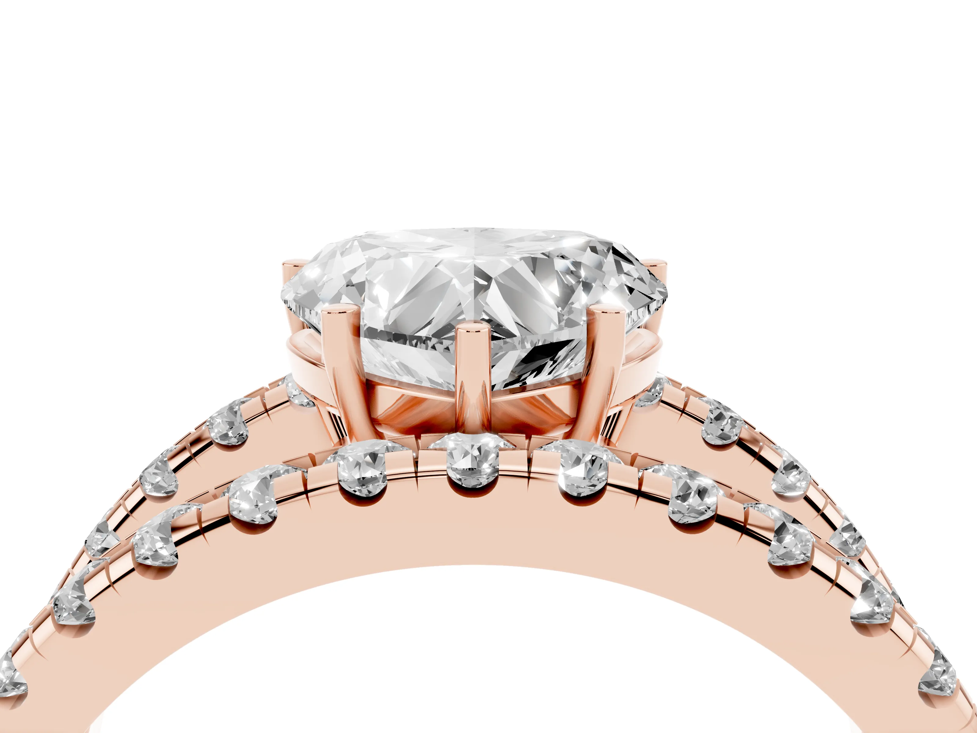 Heart Cut Diamond Split Shank Pavé Solitaire Ring Set in Rose gold with Open Shank Design