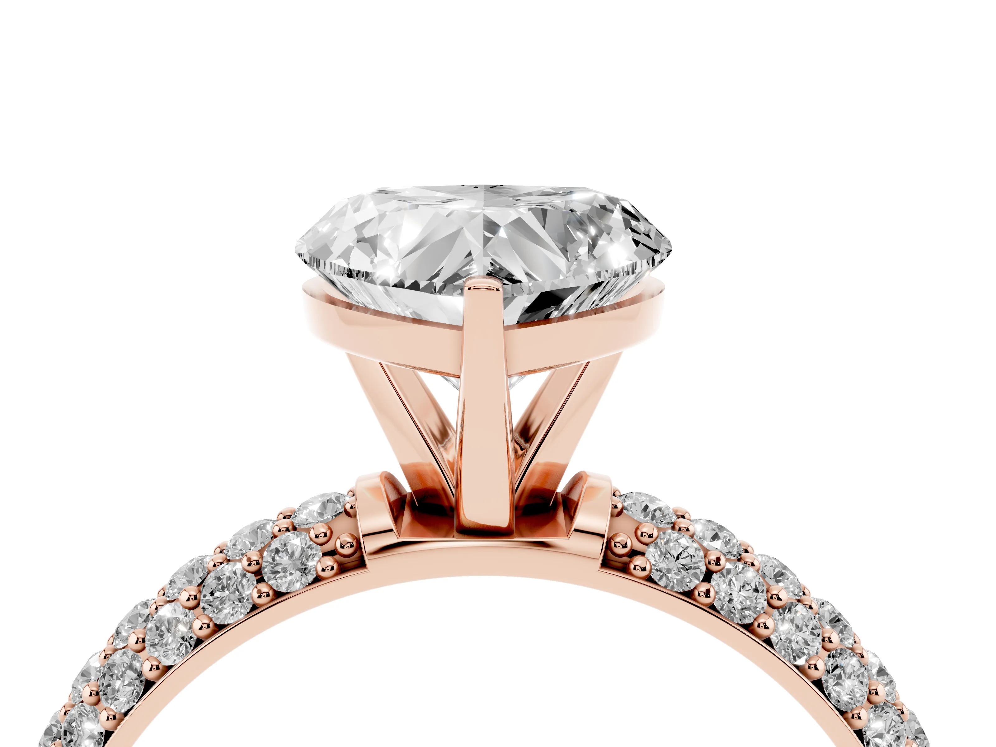 Heart Cut Diamond Solitaire Ring Set in Rose gold with Prong Setting and Pavé-Set Band