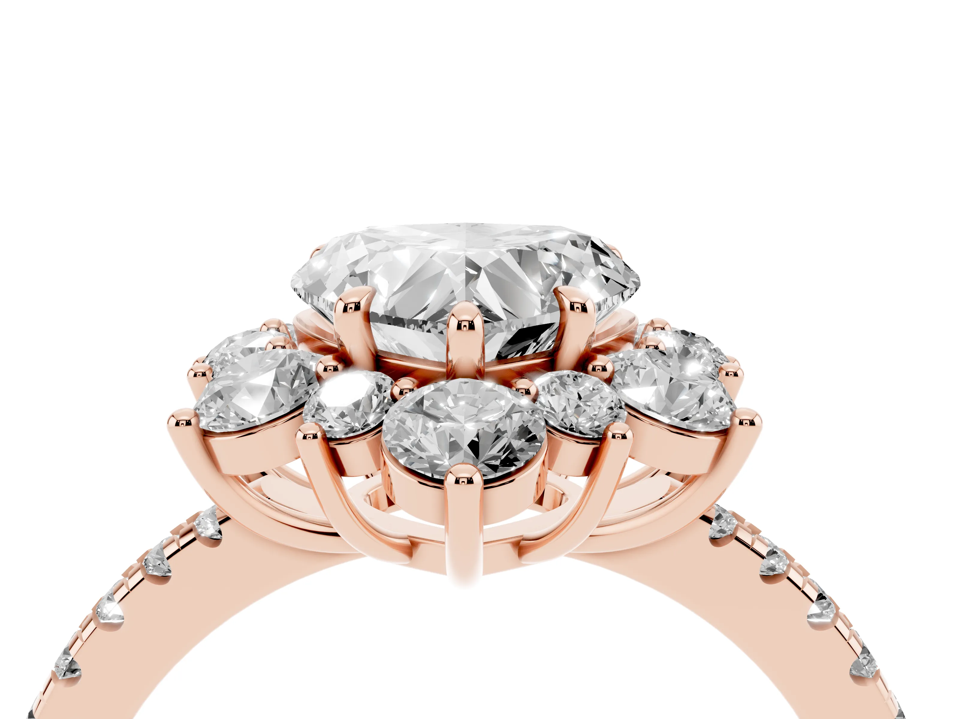 Heart Cut Diamond Floral Halo Ring Set in Rose gold with Round Pavé Band and Prong Setting