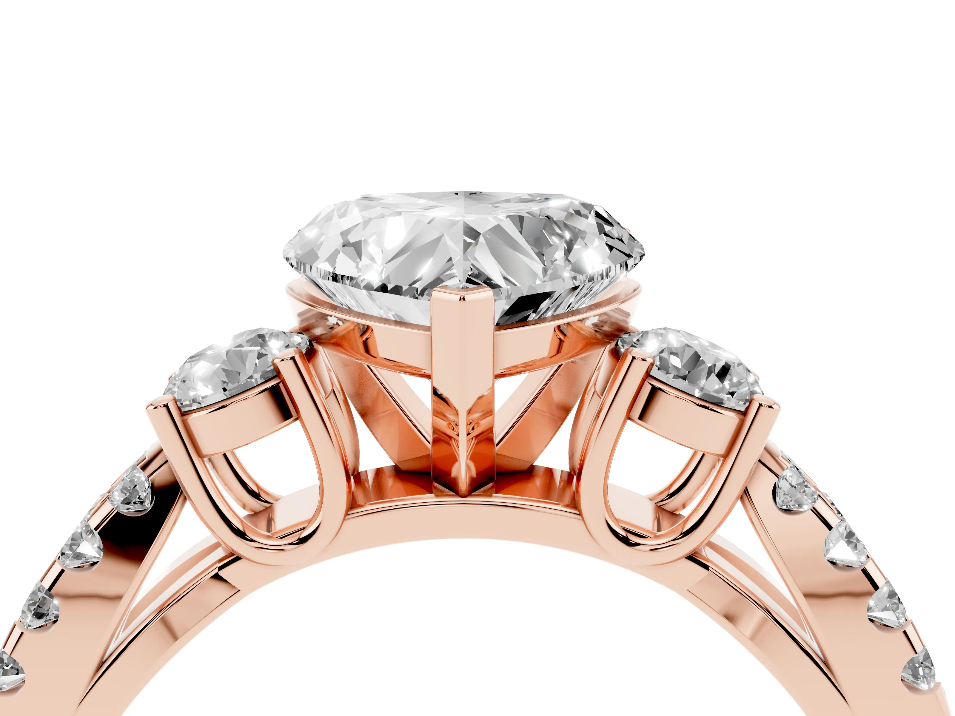 Heart Cut Diamond Three-Stone Ring Set in Rose gold with Pavé Split Shank and Prong Setting