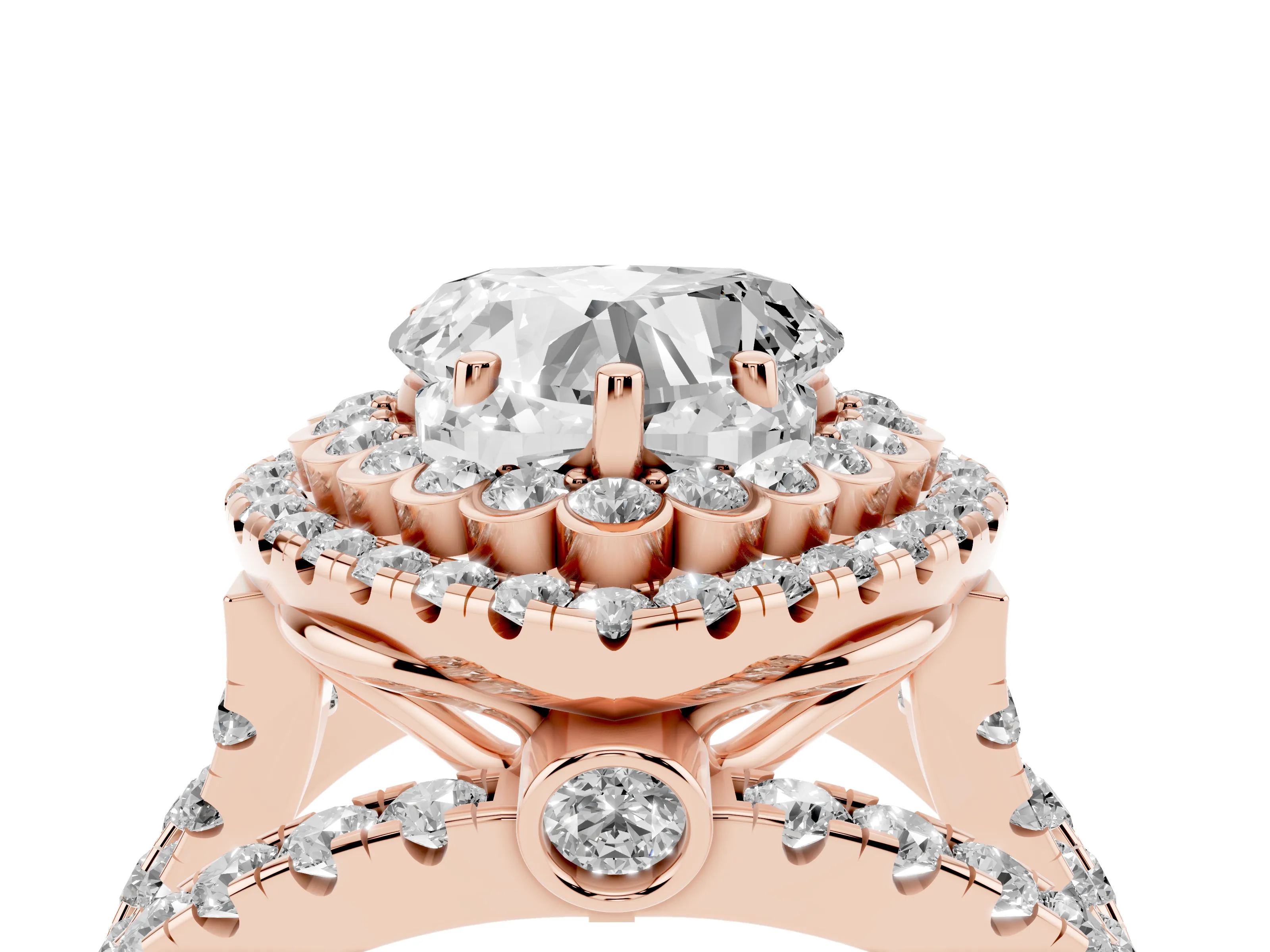Heart Cut Diamond Double Halo Ring Set in Rose gold with Round Pavé Split Shank