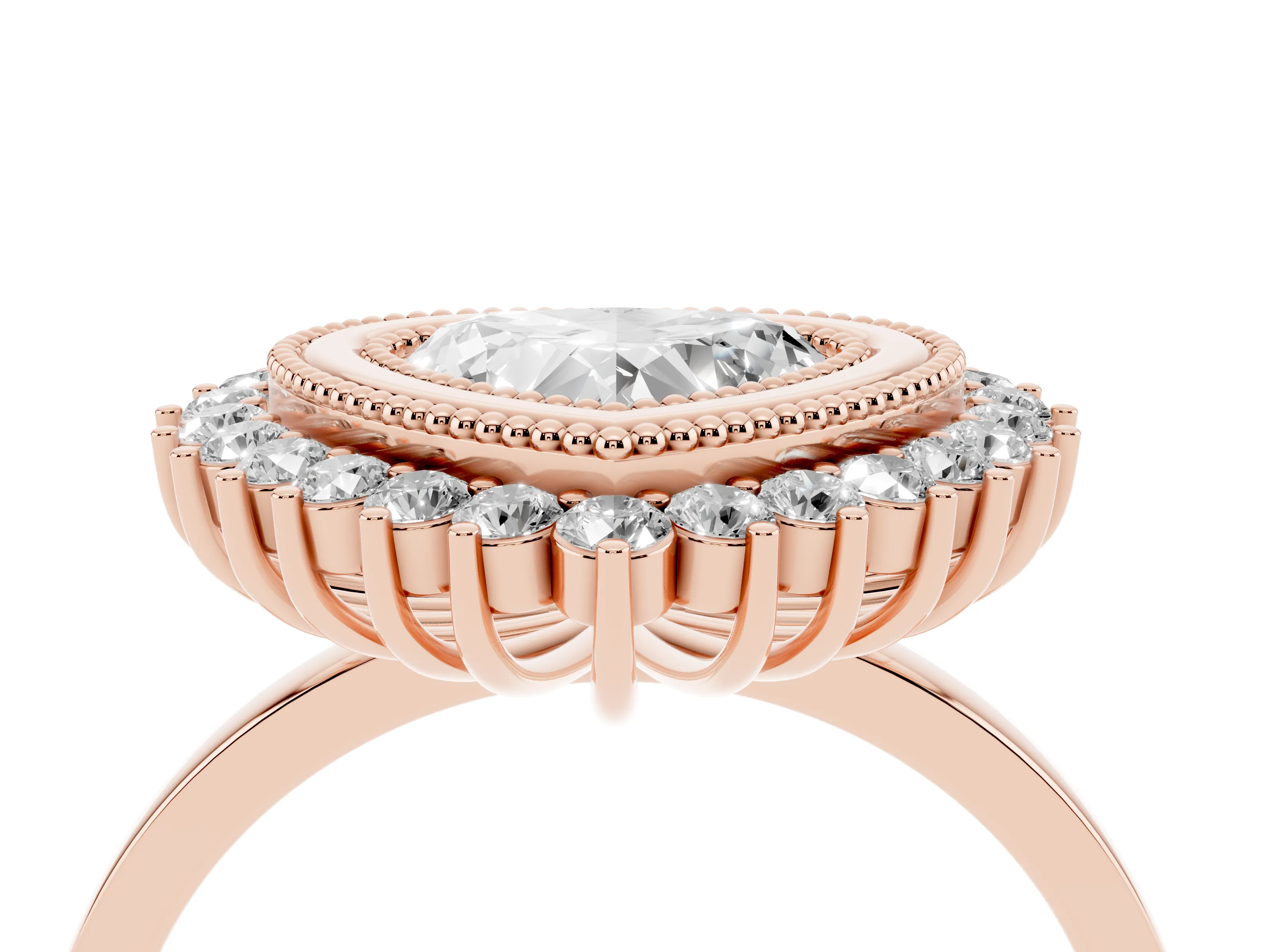Heart Cut Diamond Halo Ring Set in Rose gold with Milgrain Edge and Round Prong Setting