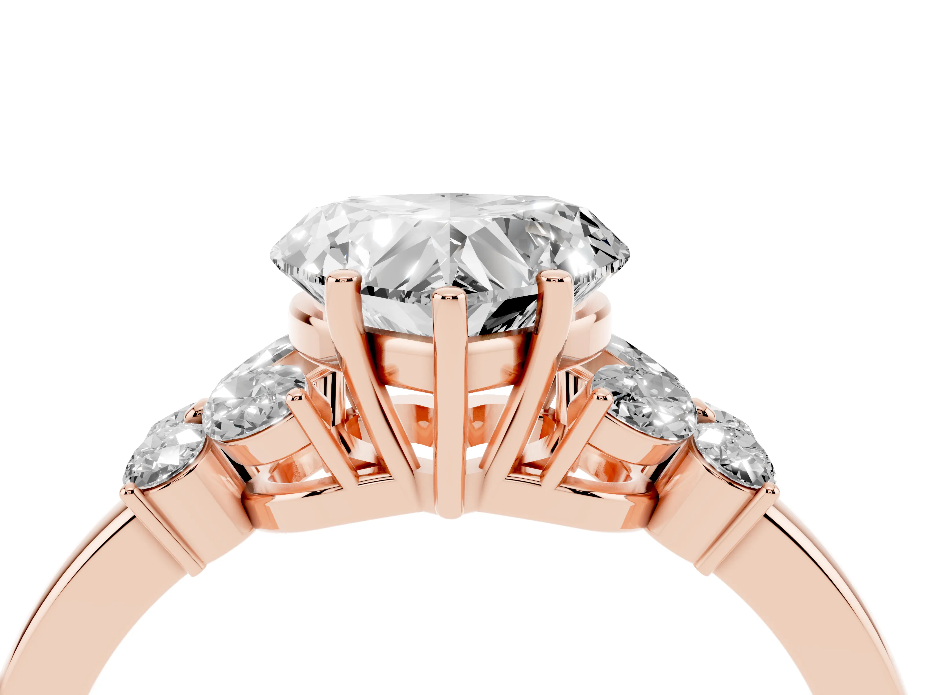 Heart Cut Diamond Solitaire Floral Ring Set in Rose gold with Marquise Petals and Prong Setting