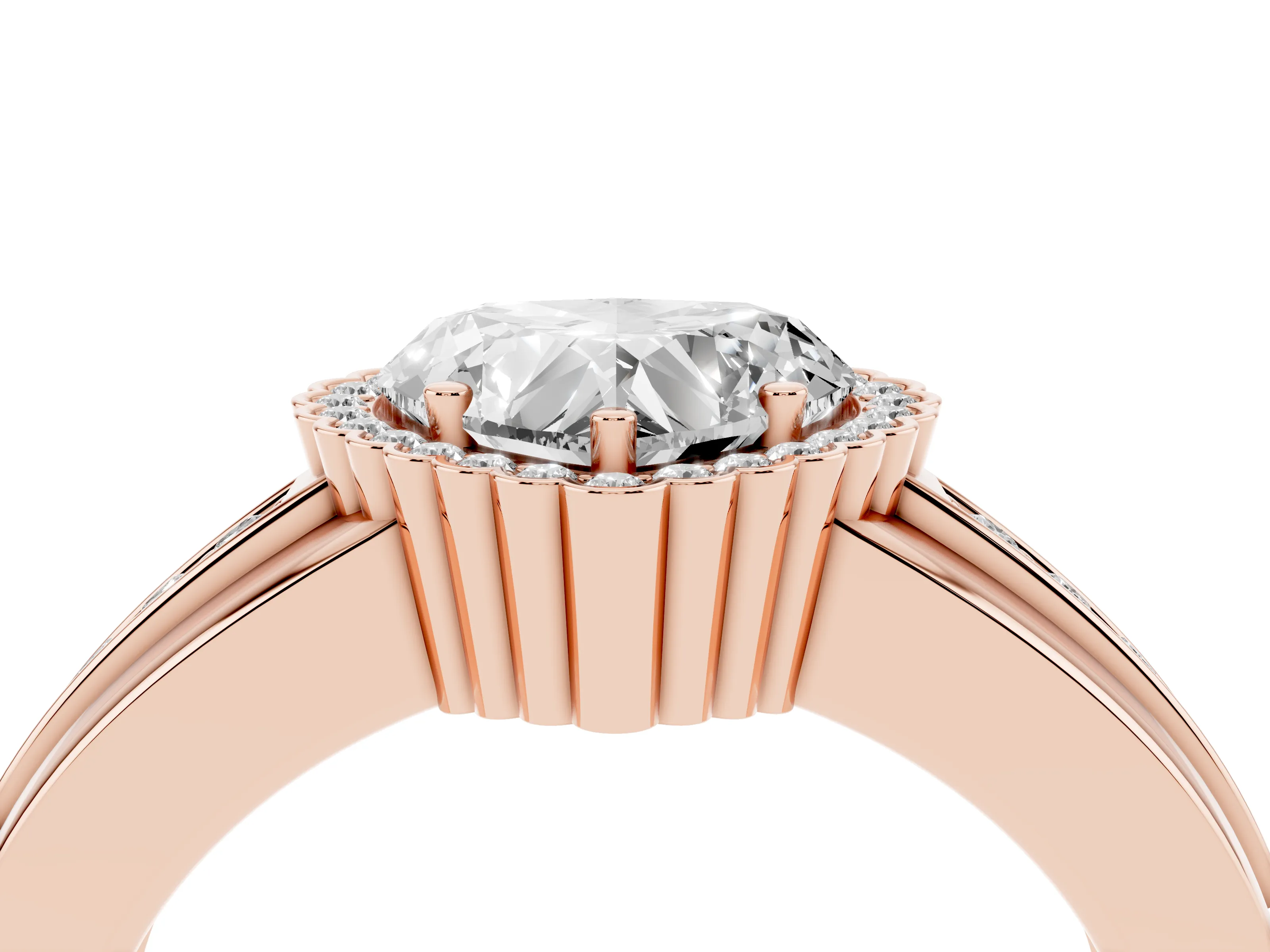 Heart Cut Diamond Halo Prong Ring Set in Rose gold with Pavé Band