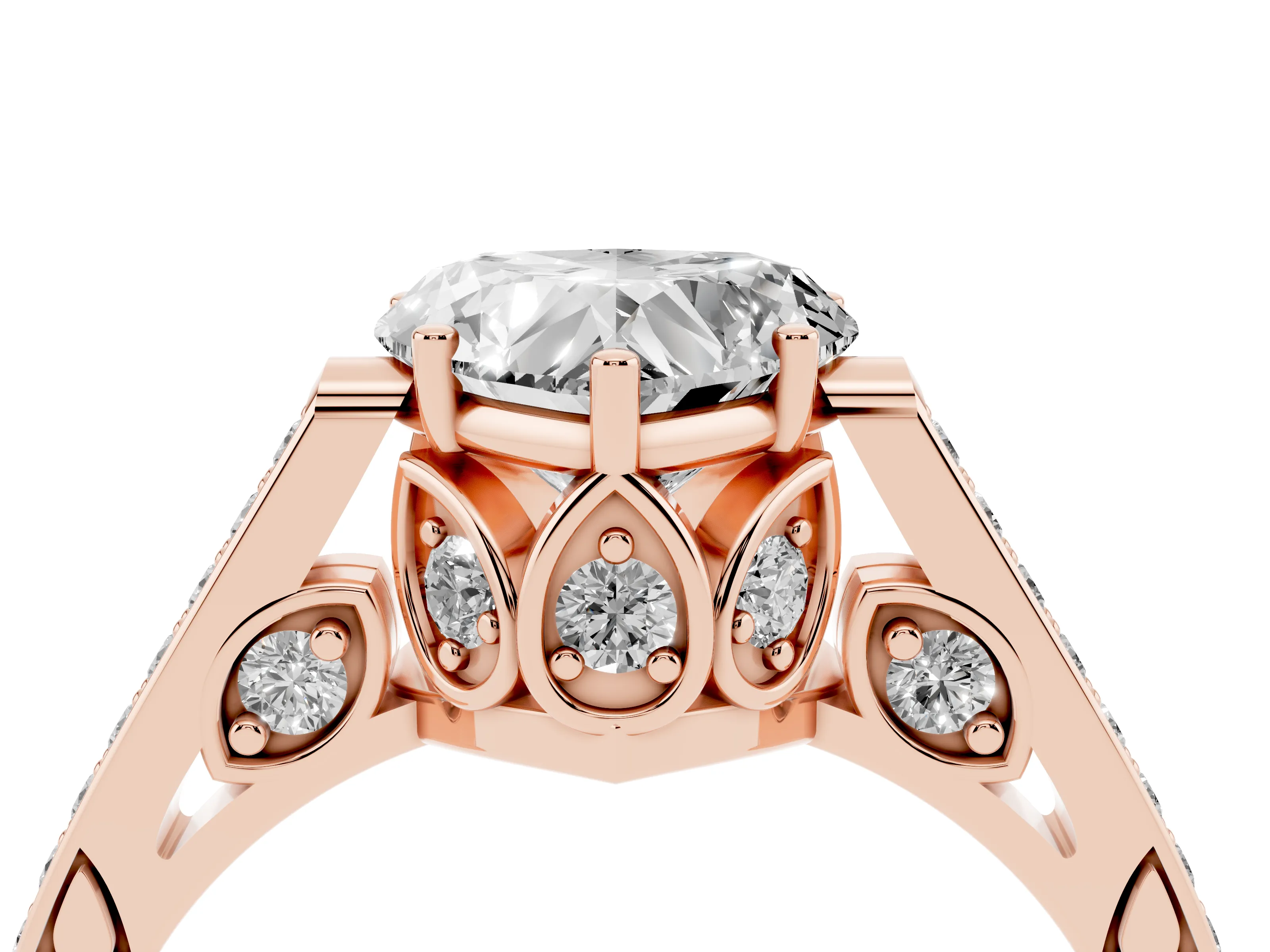 Heart Cut Diamond Cathedral Pavé Engagement Ring Set in Rose gold with Prong Setting