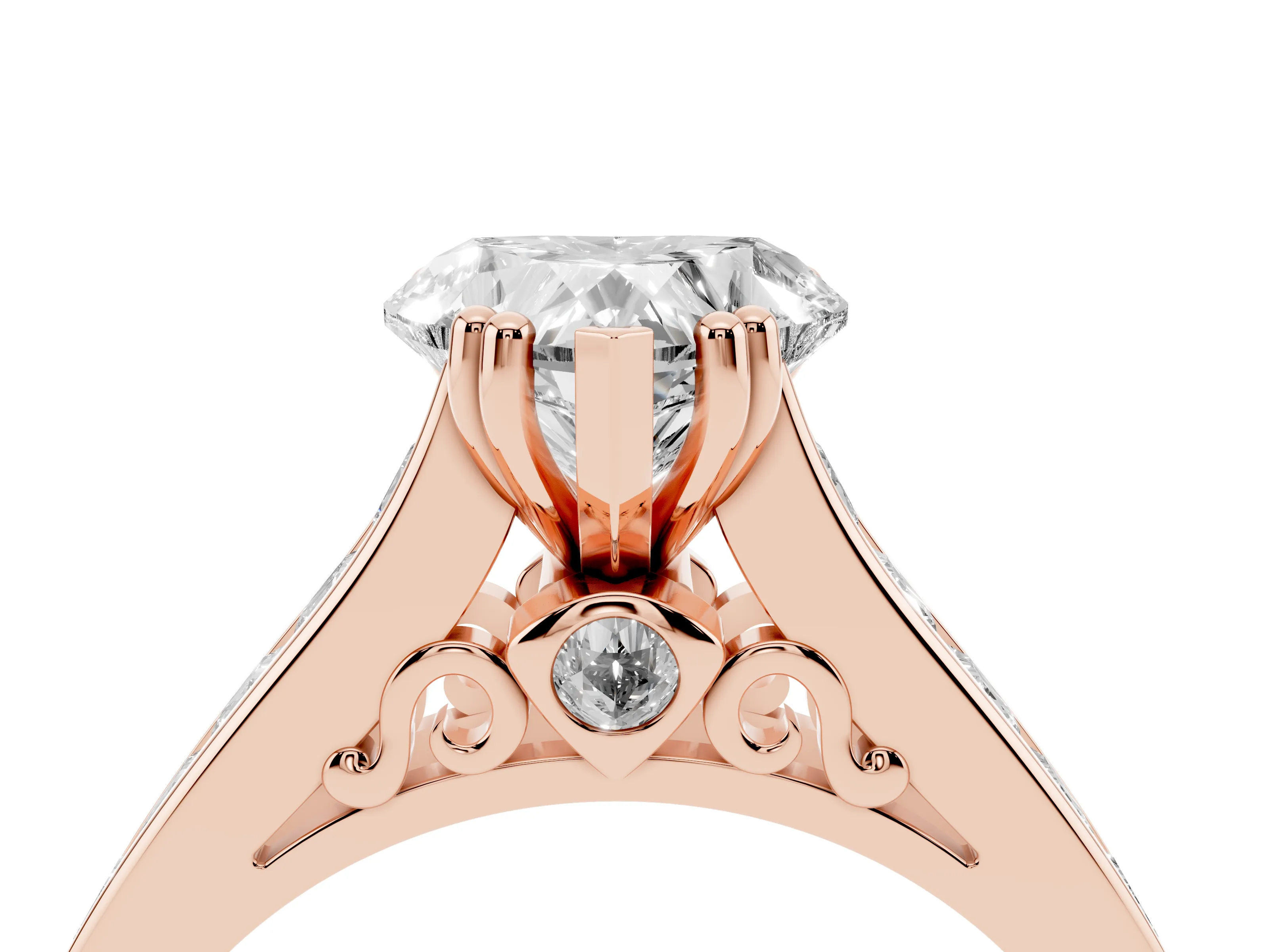 Heart Cut Diamond Channel Set Solitaire Engagement Ring Set in Rose gold with Prong Setting