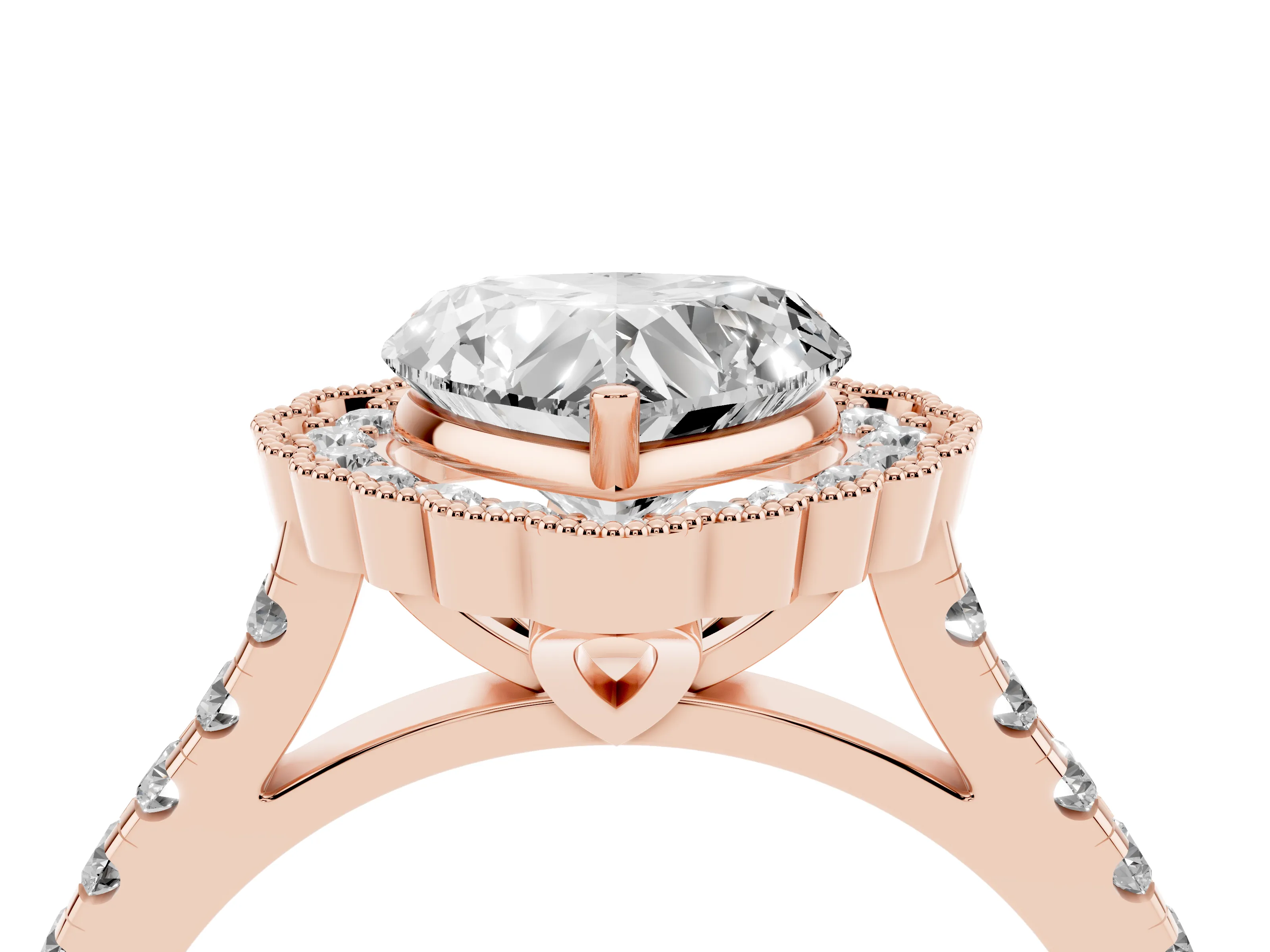 Heart Cut Diamond Milgrain Floral Halo Engagement Ring Set in Rose gold with Pavé Band