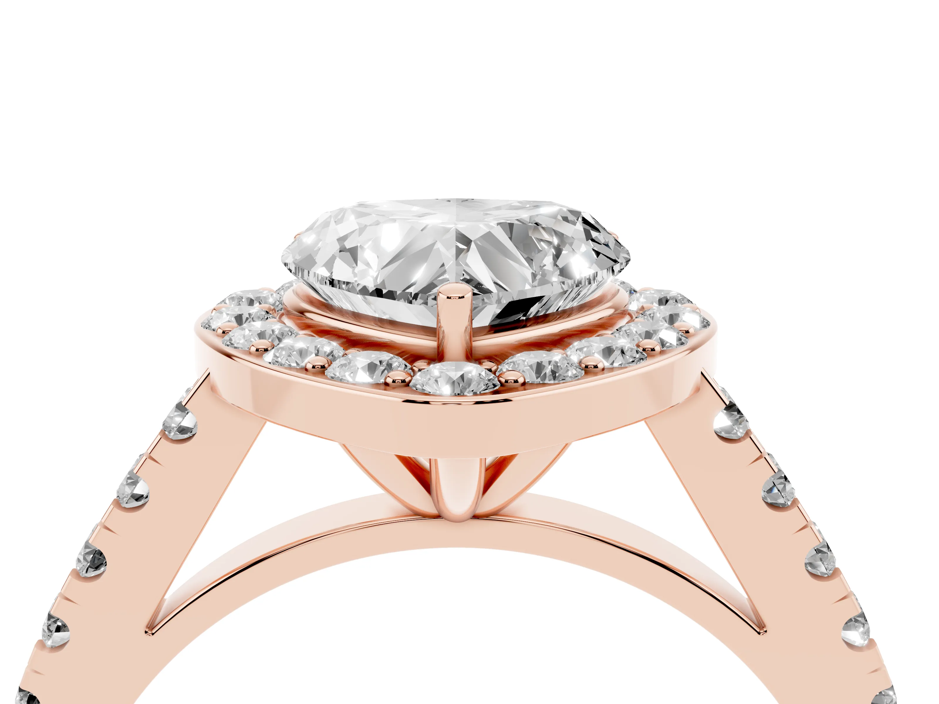 Heart Cut Diamond Halo Ring Set in Rose gold with Round Pavé Split Shank and Prong Setting