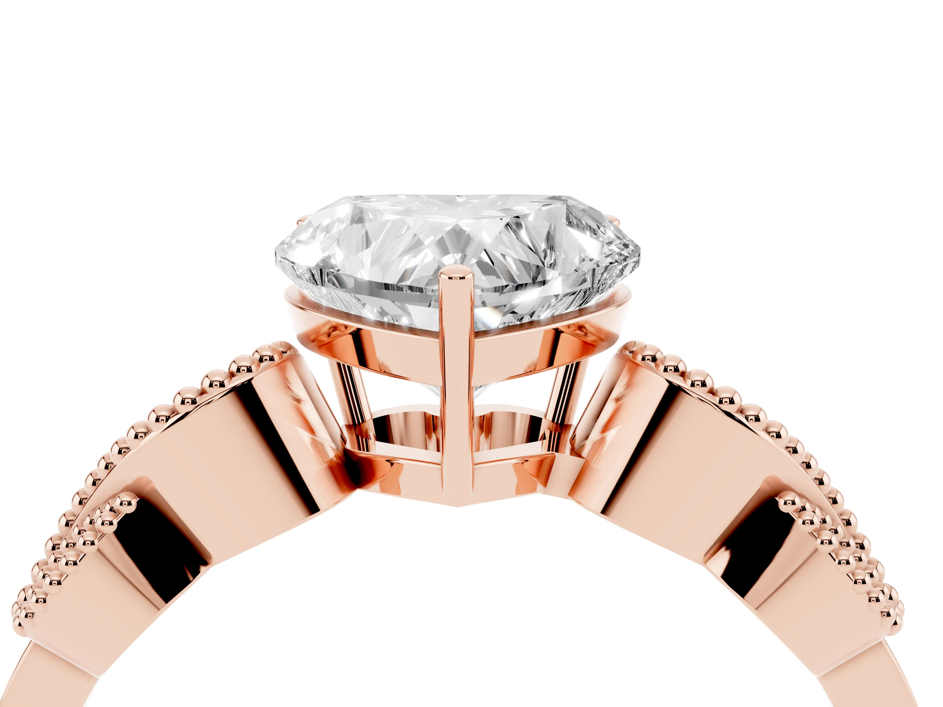 Heart Cut Diamond Milgrain Leaf Band Solitaire Ring Set in Rose gold with Accent Stones and Prong Setting