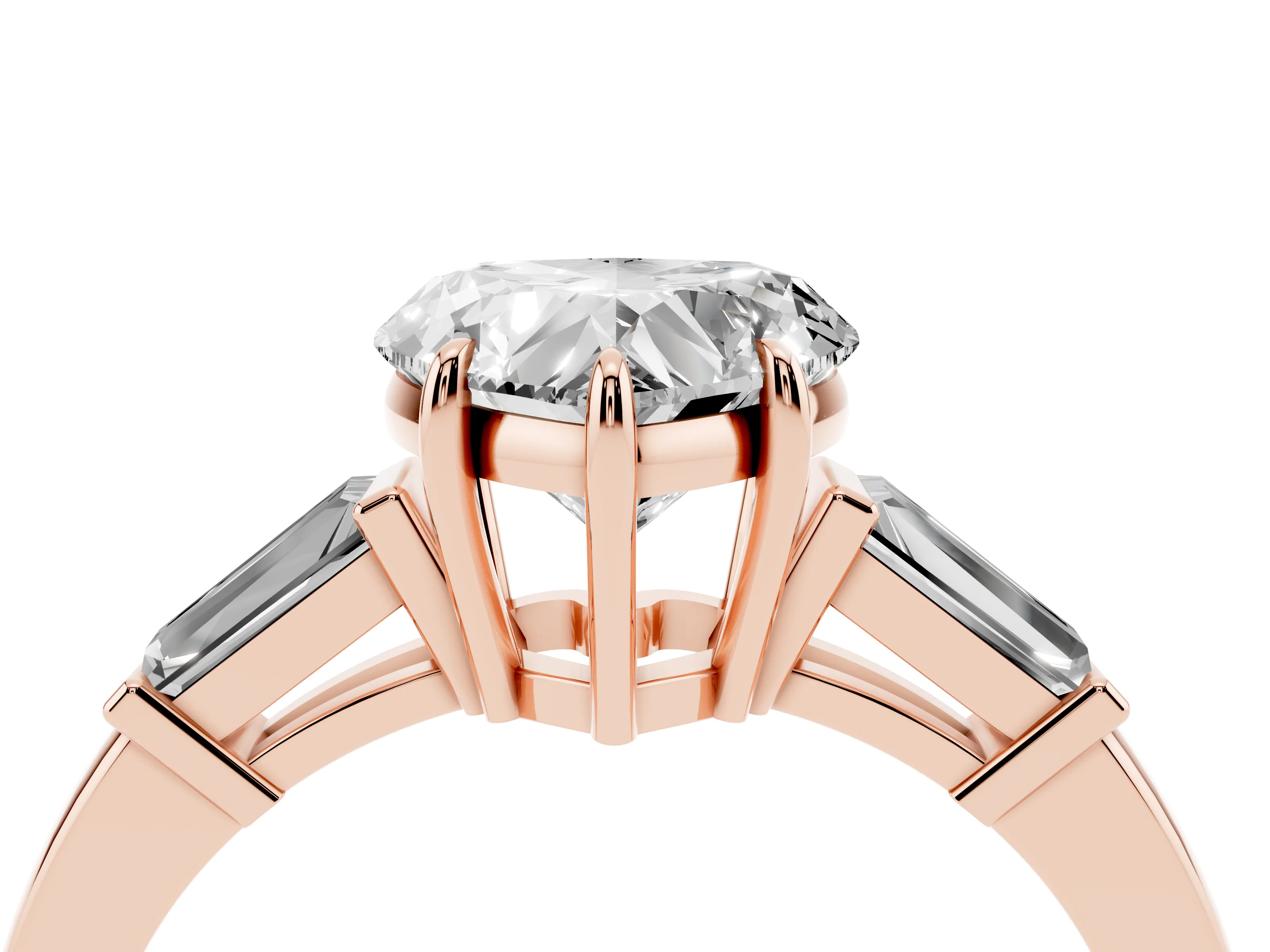 Heart Cut Diamond Three-Stone Ring Set in Rose gold with Tapered Baguette Side Stones and Prong Setting