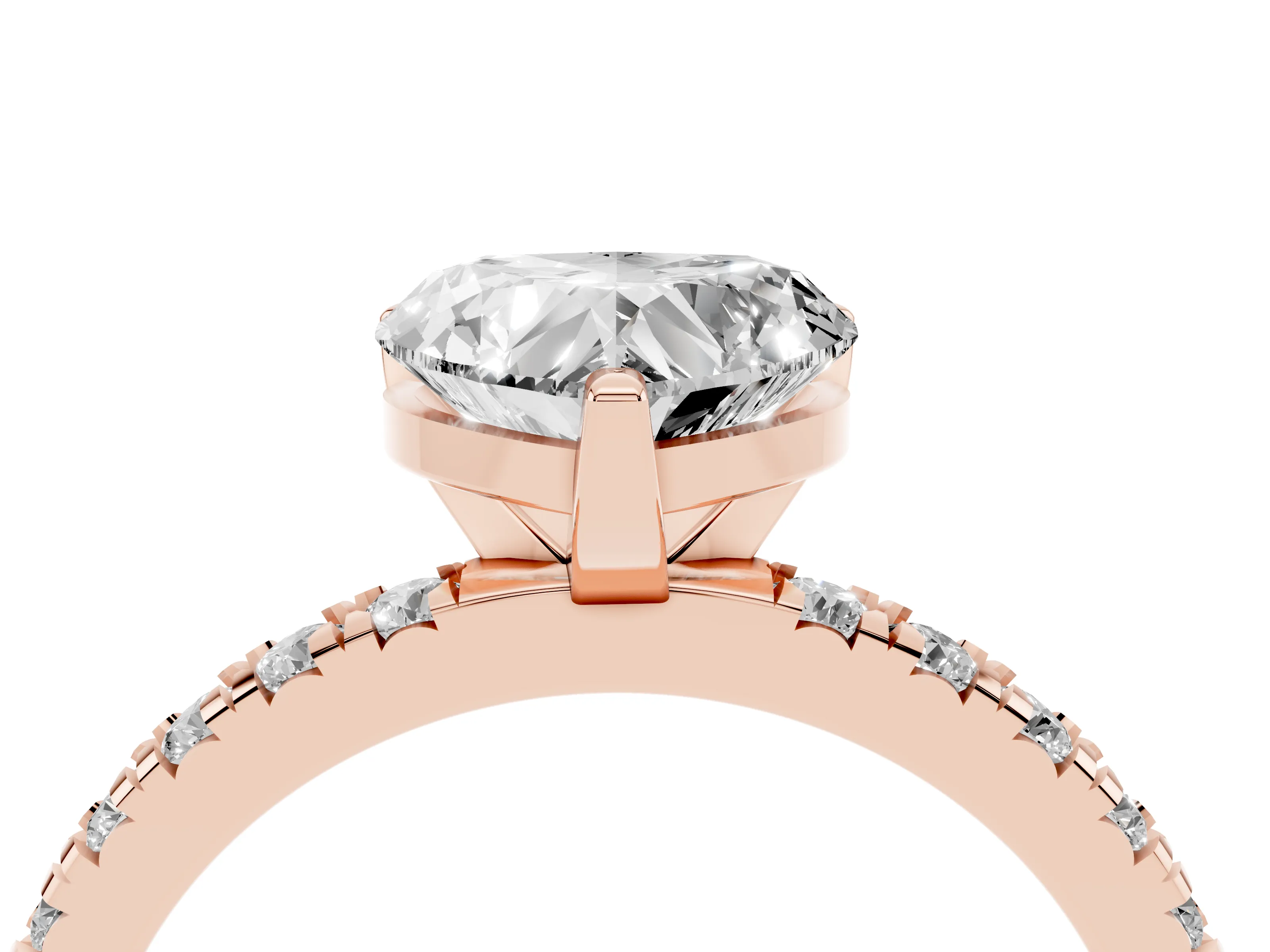 Heart Cut Diamond Pavé Band Solitaire Set in Rose gold with Prong Setting