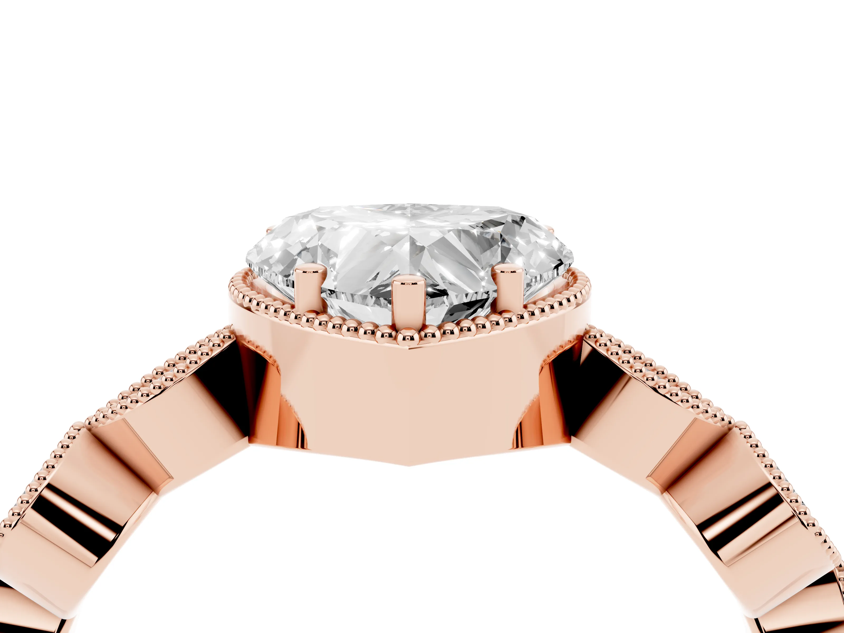 Heart Cut Diamond Vintage-Inspired Milgrain Ring Set in Rose gold with Marquise Stations of Round Accents