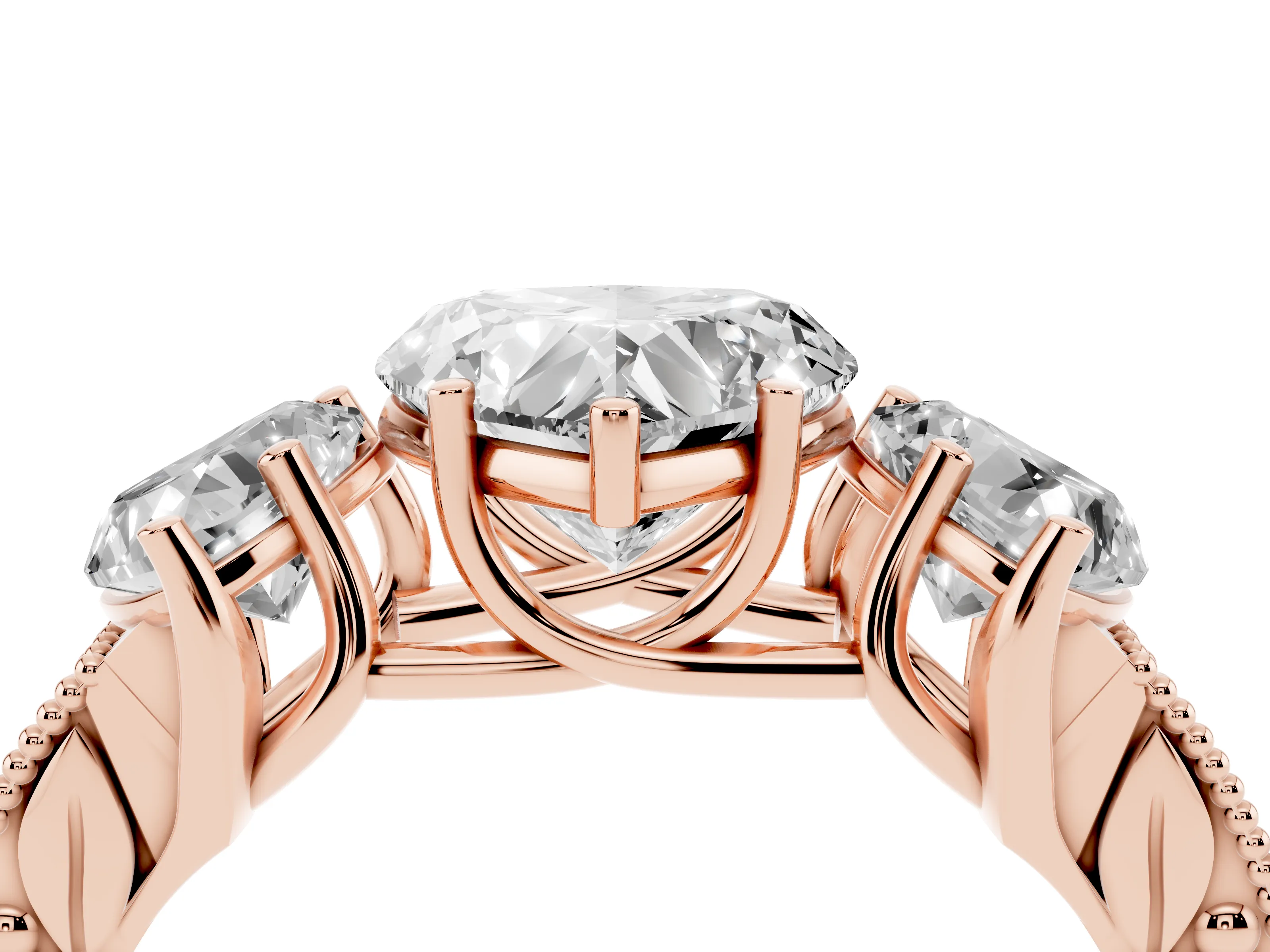 Heart Cut Diamond Three-Stone Engagement Ring Set in Rose gold with Milgrain Pavé Band