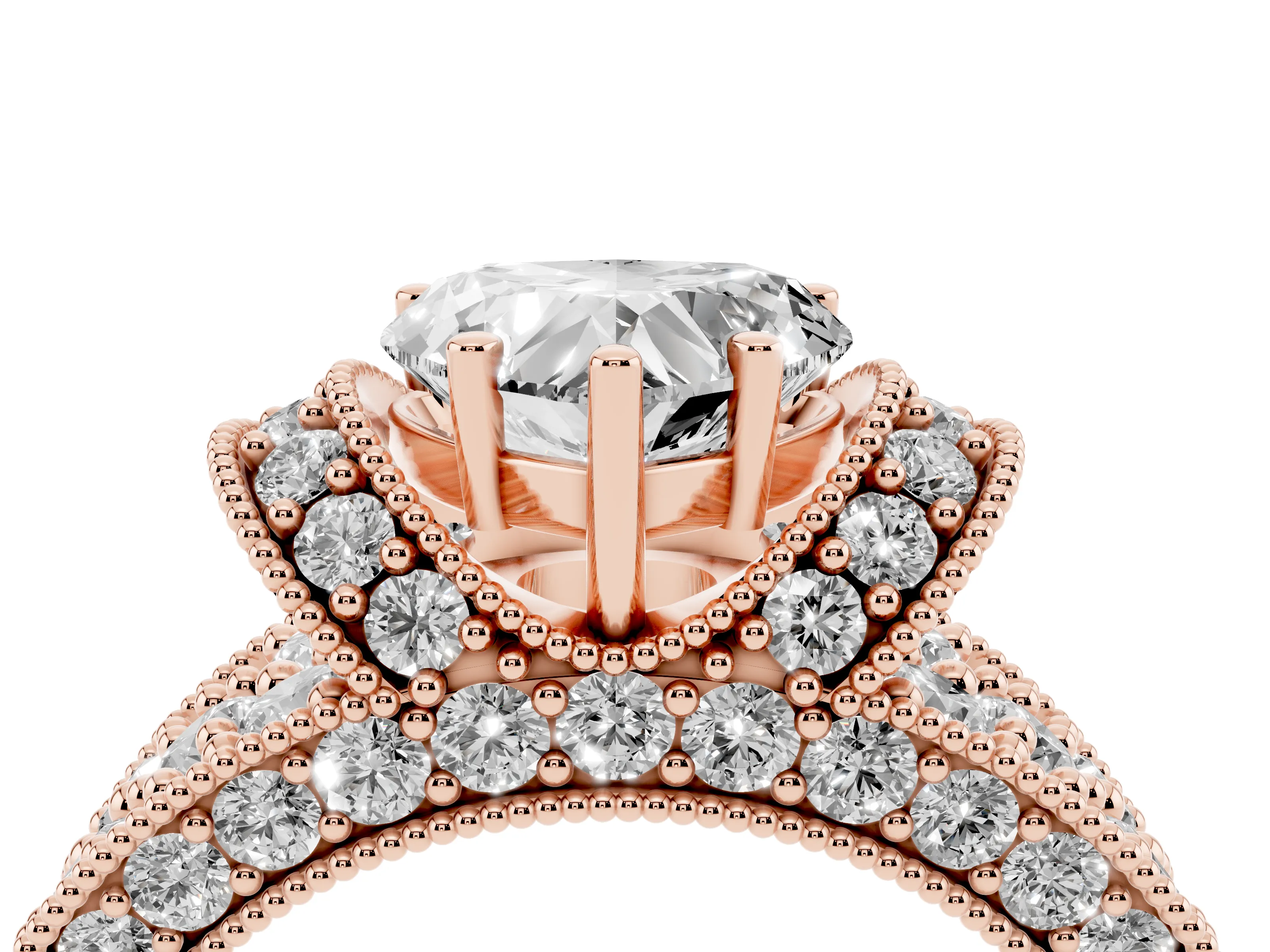 Heart Cut Diamond Milgrain Halo Pavé Engagement Ring Set in Rose gold with Prong Setting