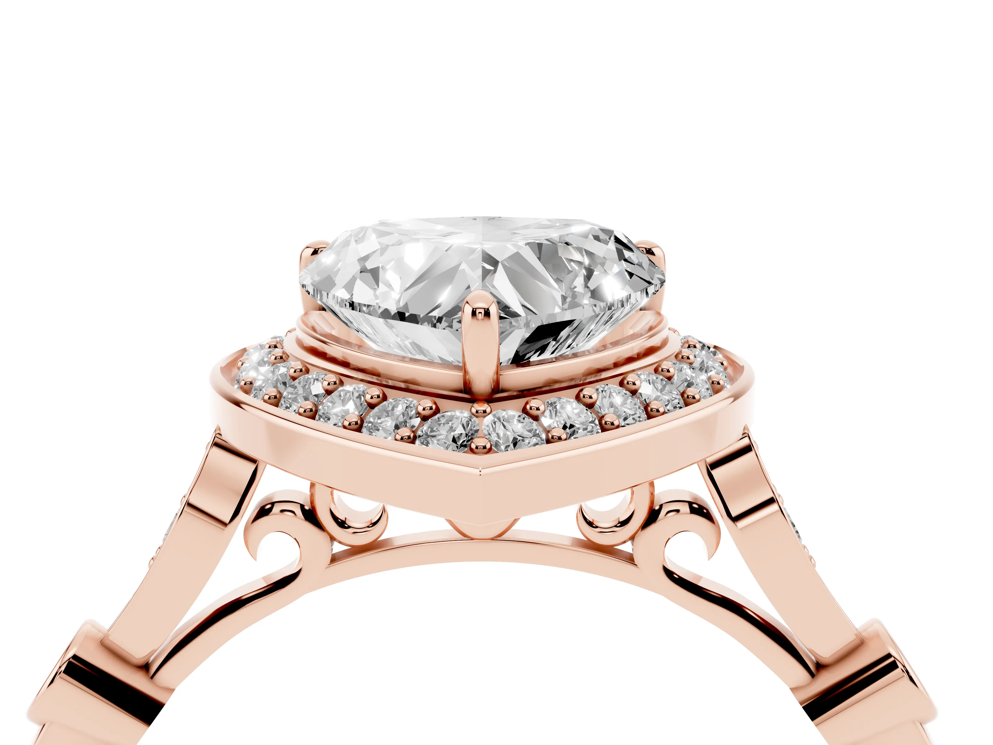 Heart Cut Diamond Halo Engagement Ring Set in Rose gold with Twisted Band and Prong Setting