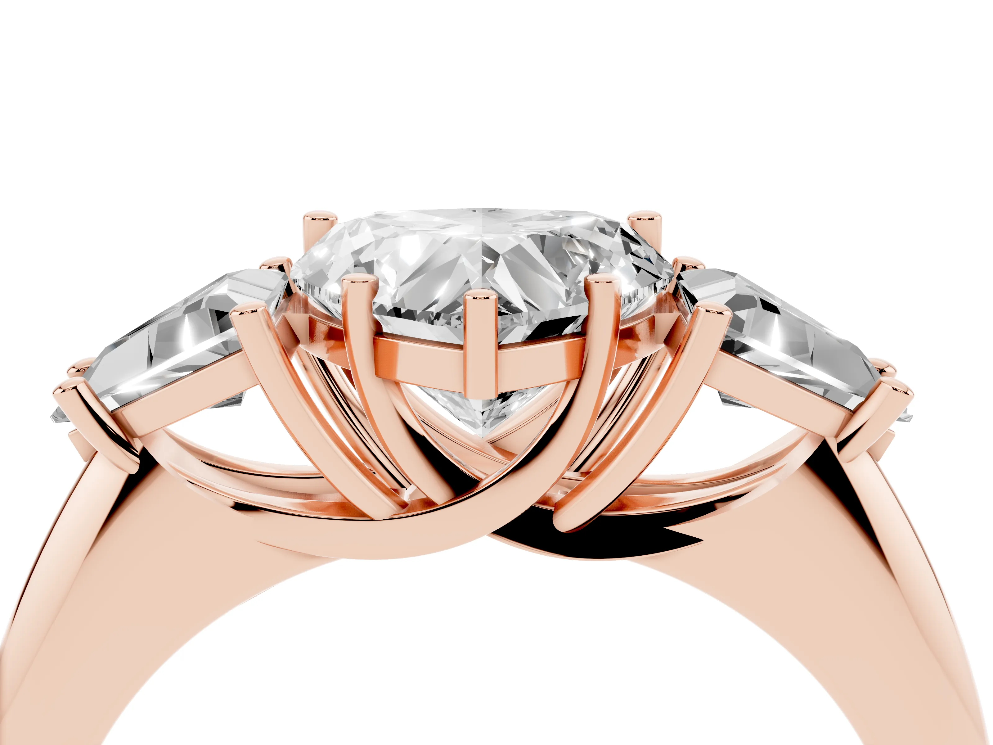 Heart Cut Diamond Three-Stone Engagement Ring Set in Rose gold with Trillion Side Stones