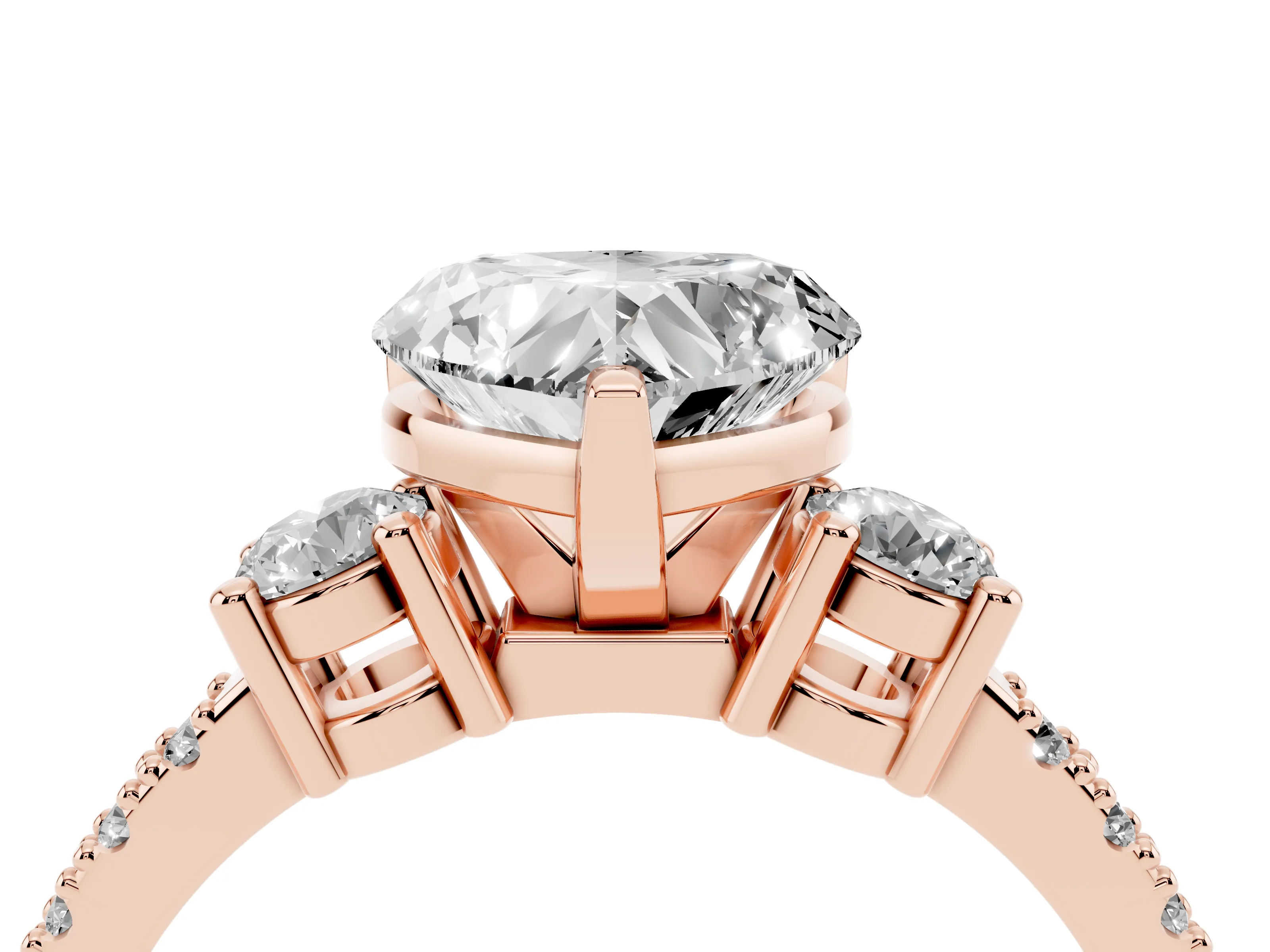 Three-Stone Heart Cut Diamond Pavé Band Ring Set in Rose gold with Prong Setting