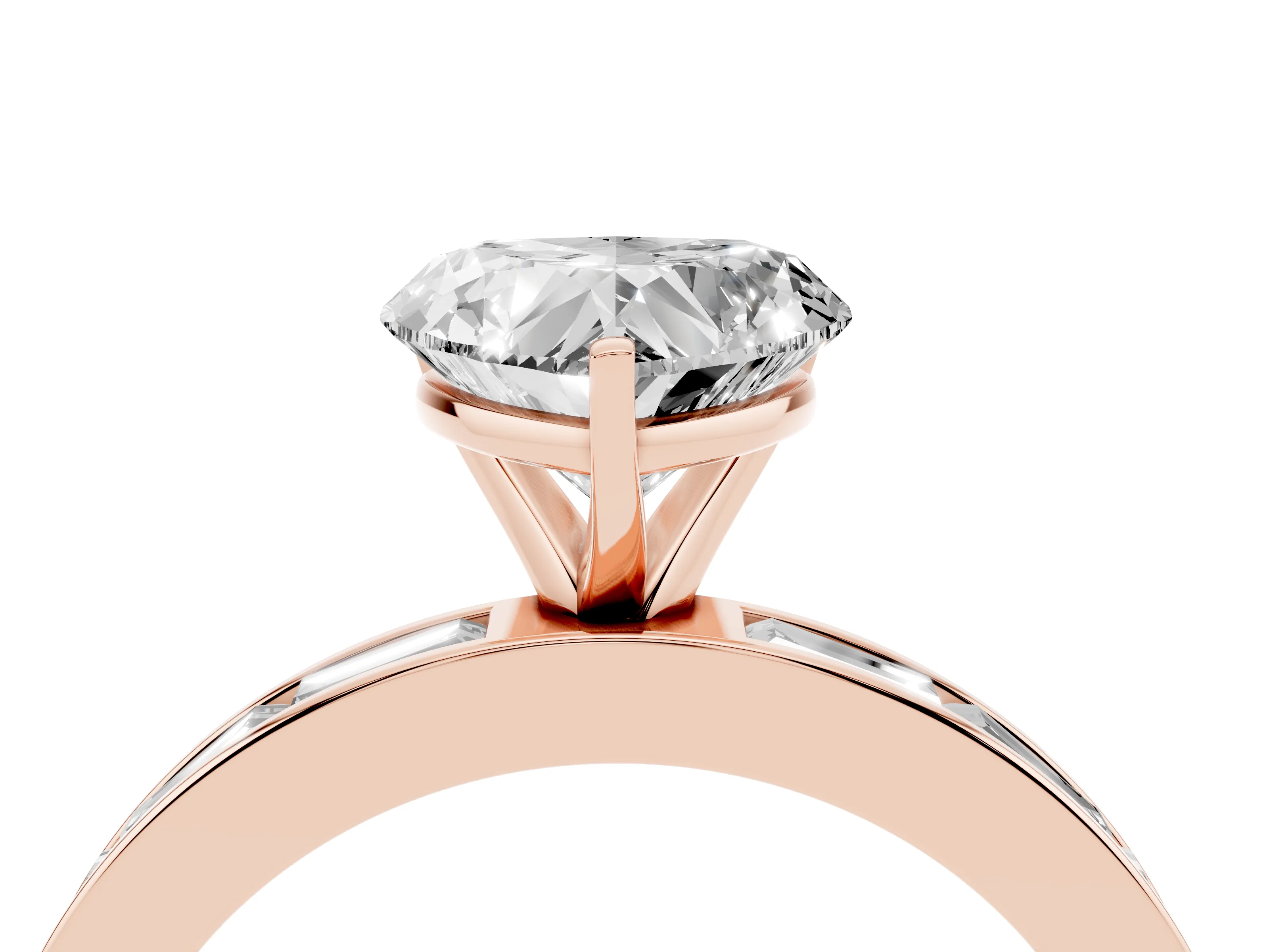 Heart Cut Diamond Solitaire Ring Set in Rose gold with Channel-Set Baguette Band and Prong Setting