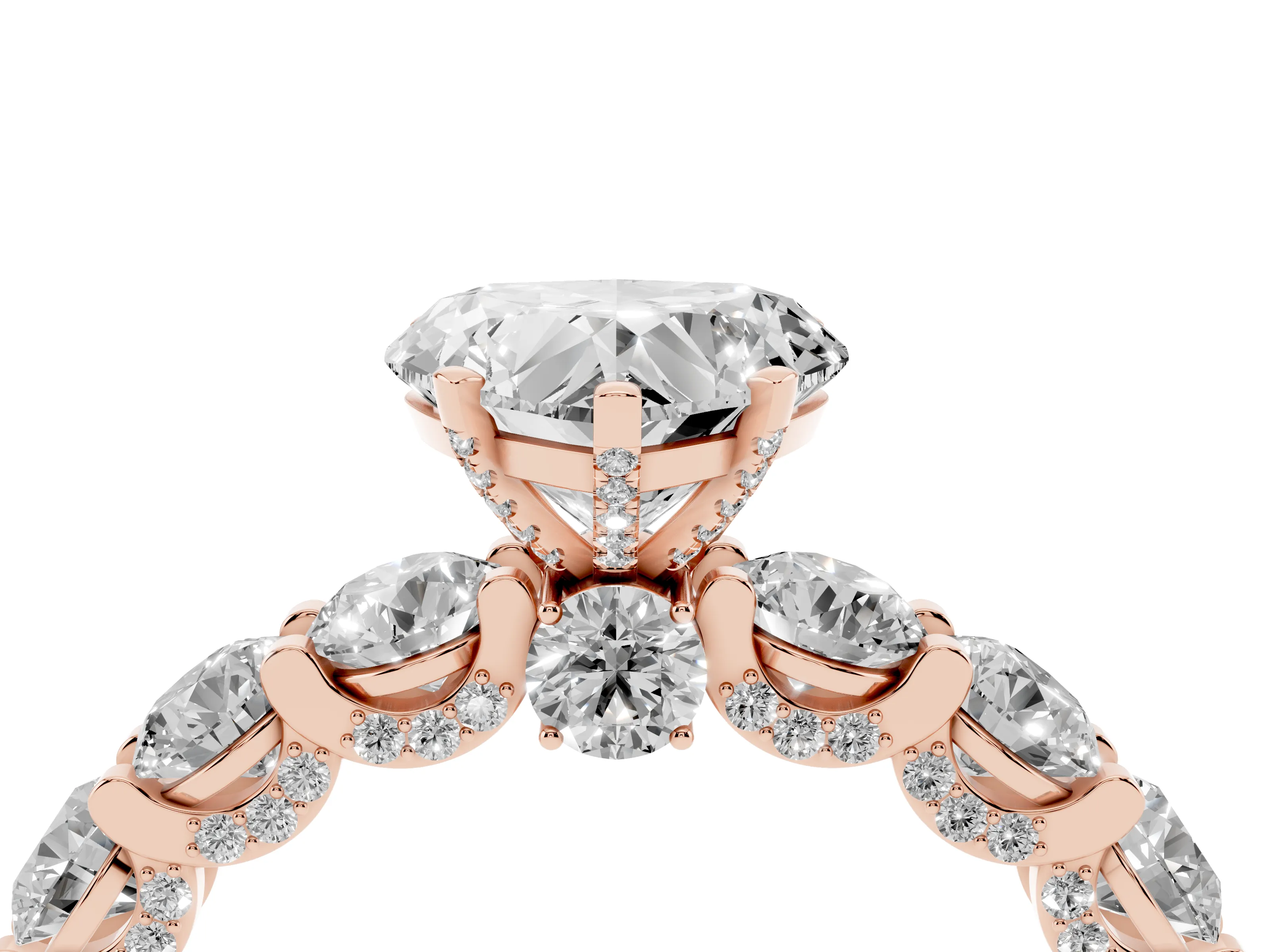 Heart Cut Diamond Side Stone Ring Set in Rose gold with Alternating Round and Oval Side Stones