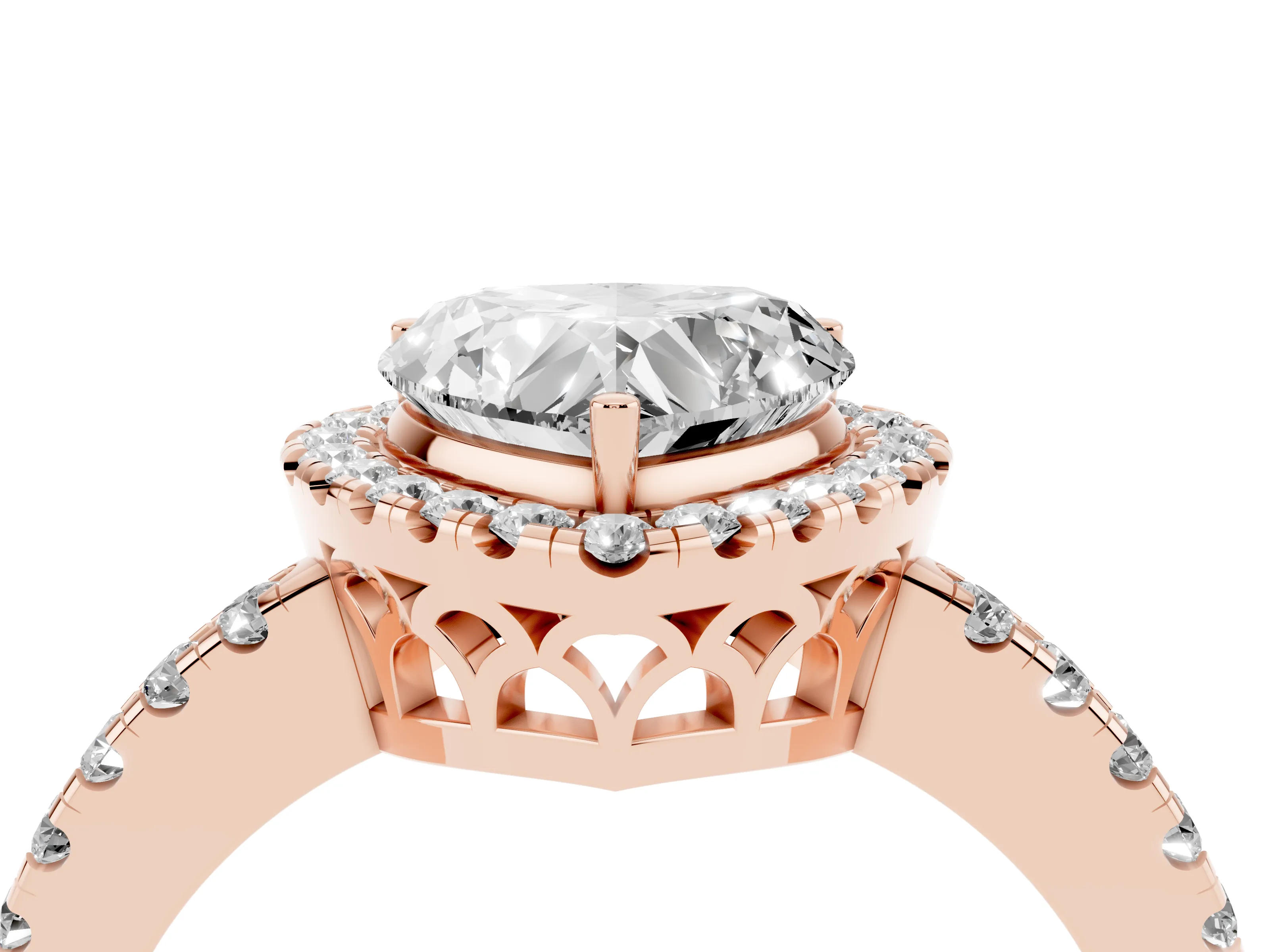 Heart Cut Diamond Pavé Band Halo Engagement Ring Set in Rose gold with Prong Setting