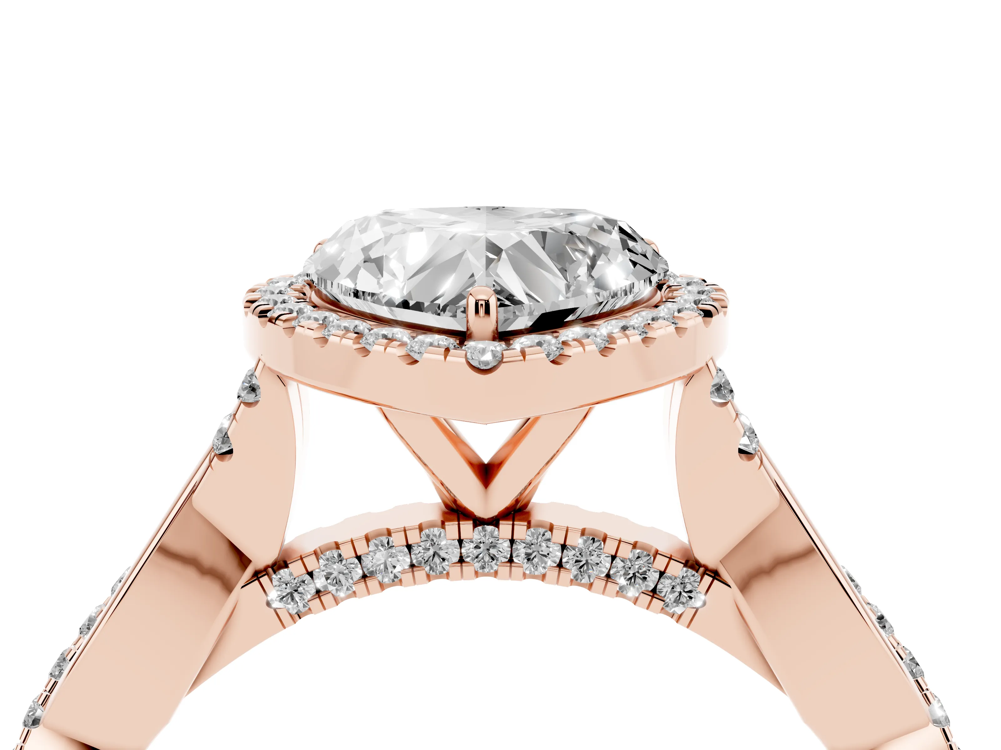 Heart Cut Diamond Halo Twist Band Solitaire Ring Set in Rose gold with Prong Setting