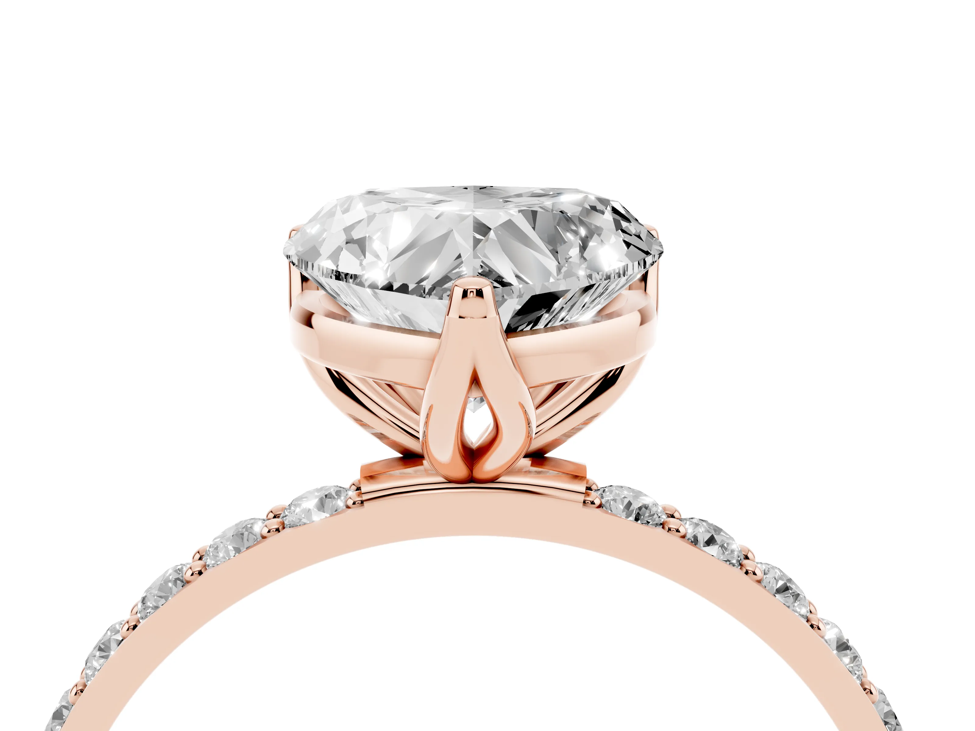 Heart Cut Diamond Solitaire Engagement Ring Set in Rose gold with Round Pavé Band and Prong Setting