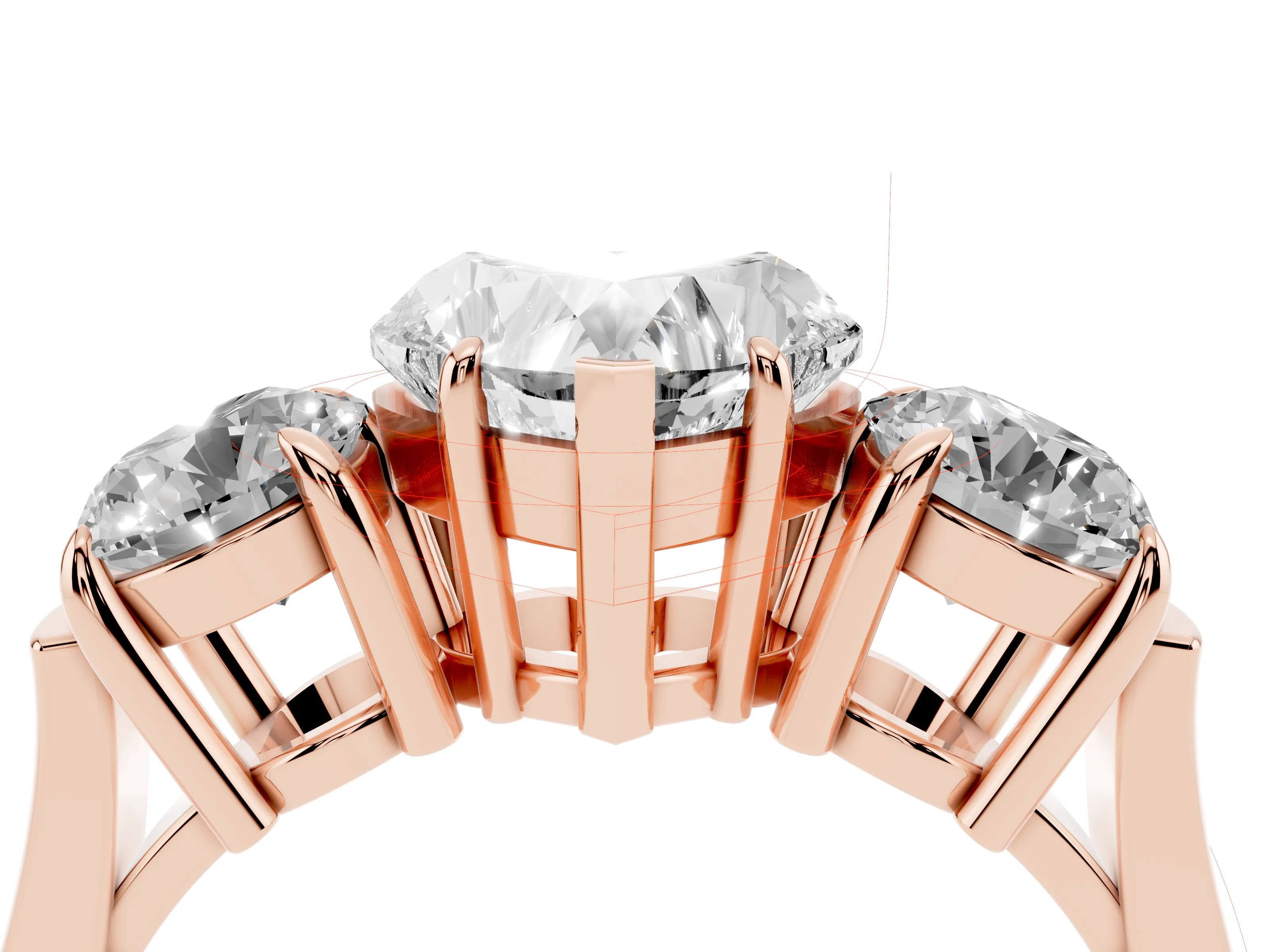 Heart Cut Diamond Three-Stone Ring Set in Rose gold with Round Accent Stones and Plain Band
