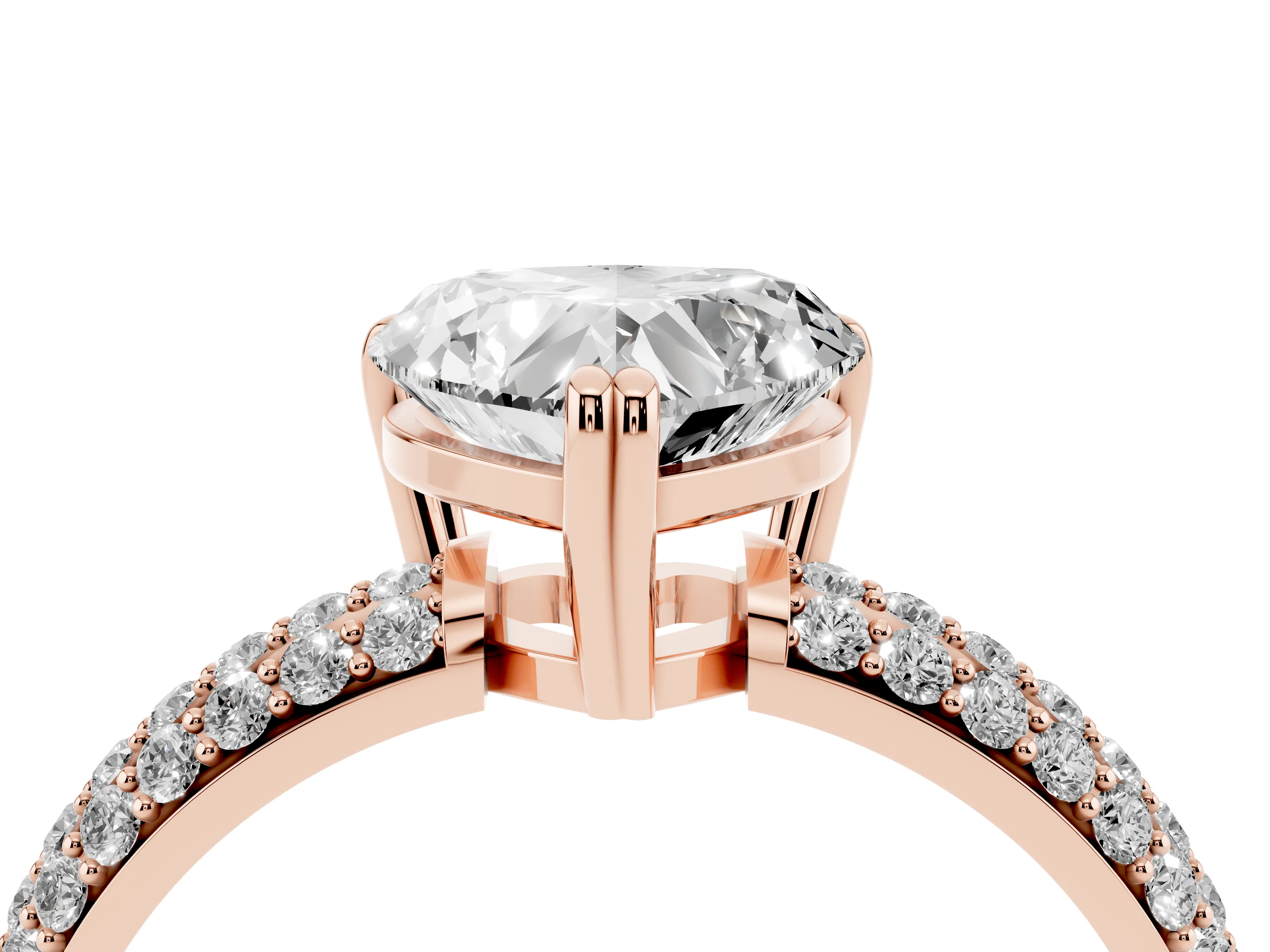 Heart Cut Diamond Solitaire Ring Set in Rose gold with Multi-Row Round Pavé Band and Prong Setting