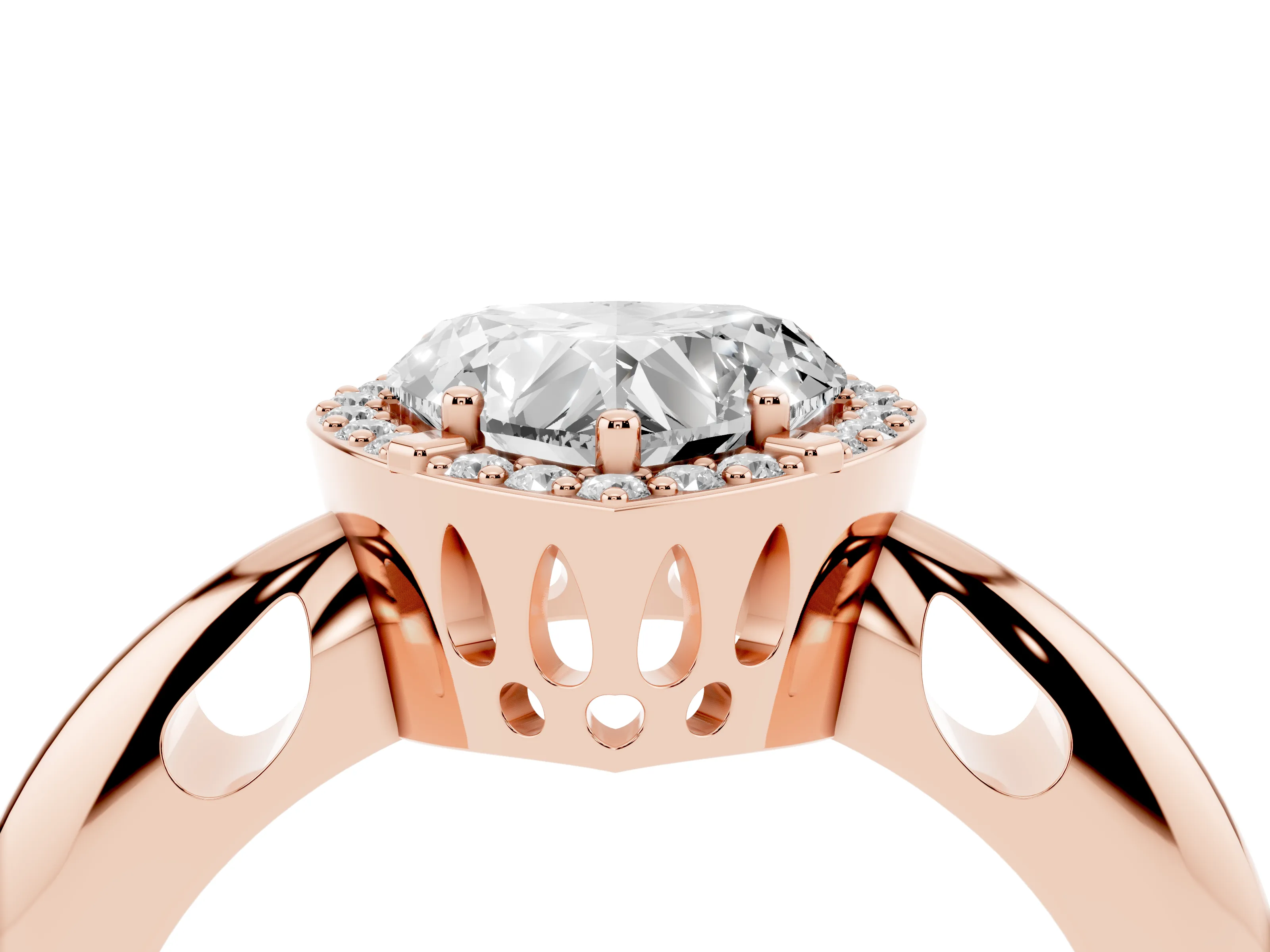 Heart Cut Diamond Halo Engagement Ring Set in Rose gold with Plain Split Shank and Prong Setting