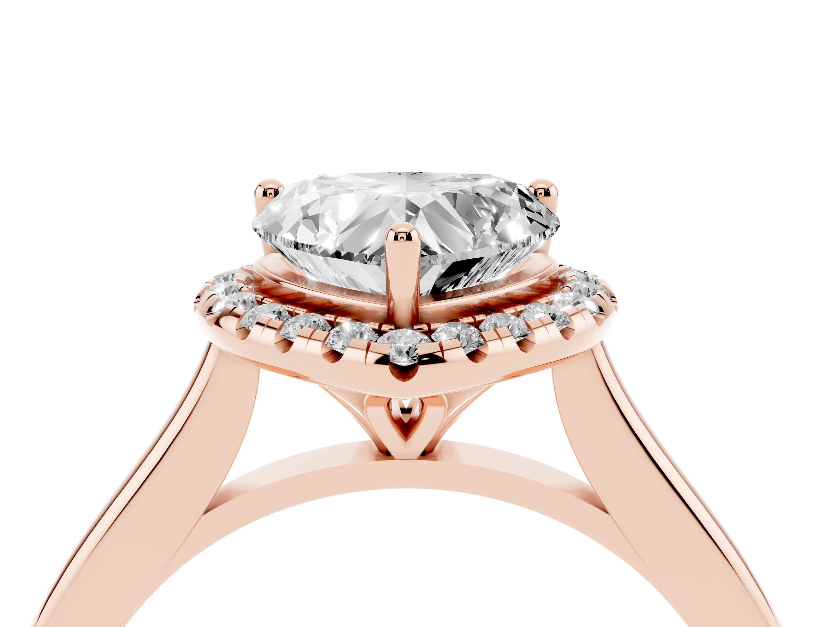 Heart Cut Diamond Halo Engagement Ring Set in Rose gold with Pavé Band and Rising Shoulders