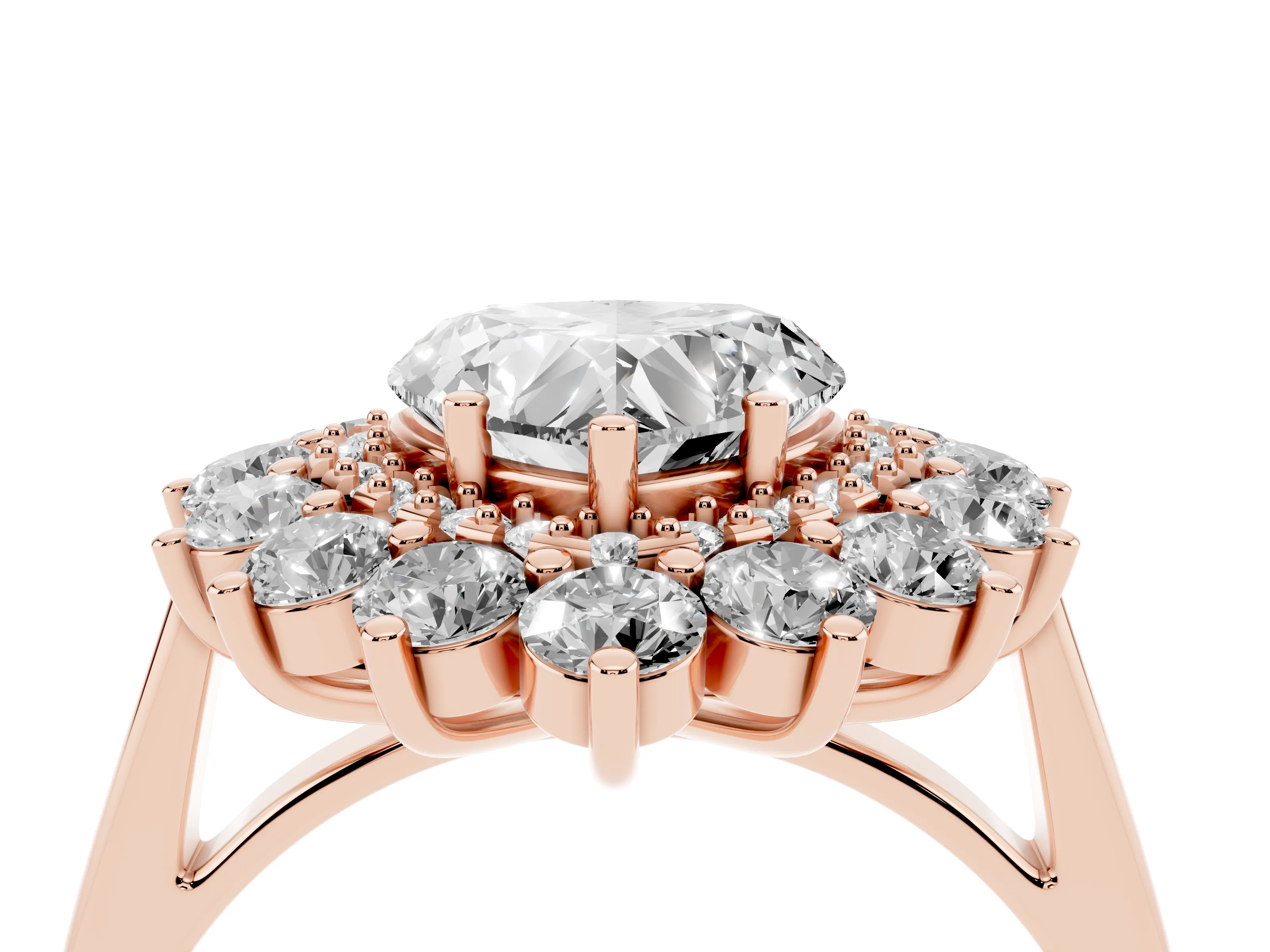 Heart Cut Diamond Floral Double Halo Ring Set in Rose gold with Round Petals