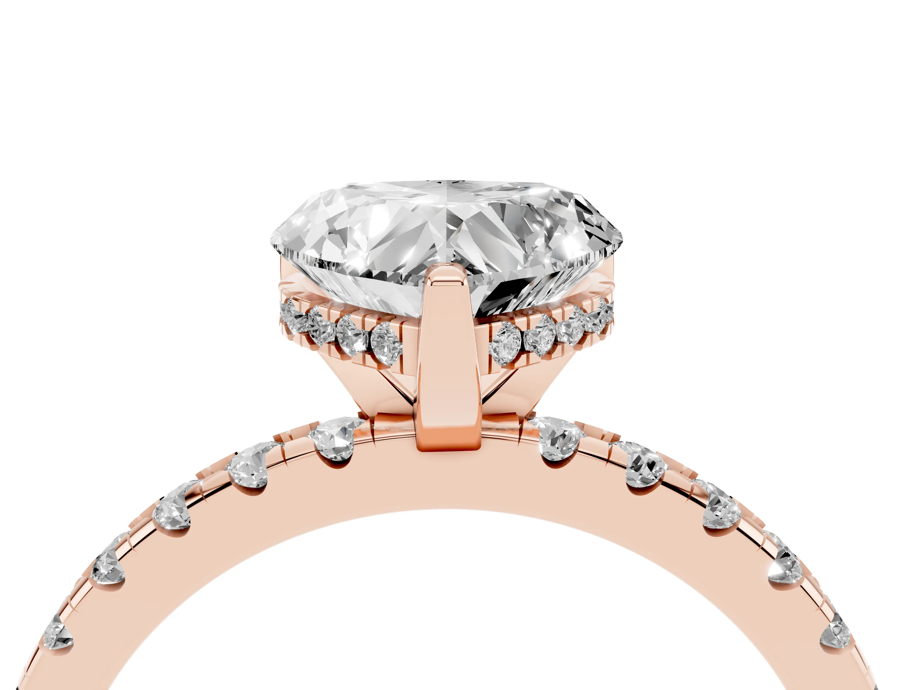 Heart Cut Diamond Pavé Solitaire Ring Set in Rose gold with Round Band Accents and Prong Setting