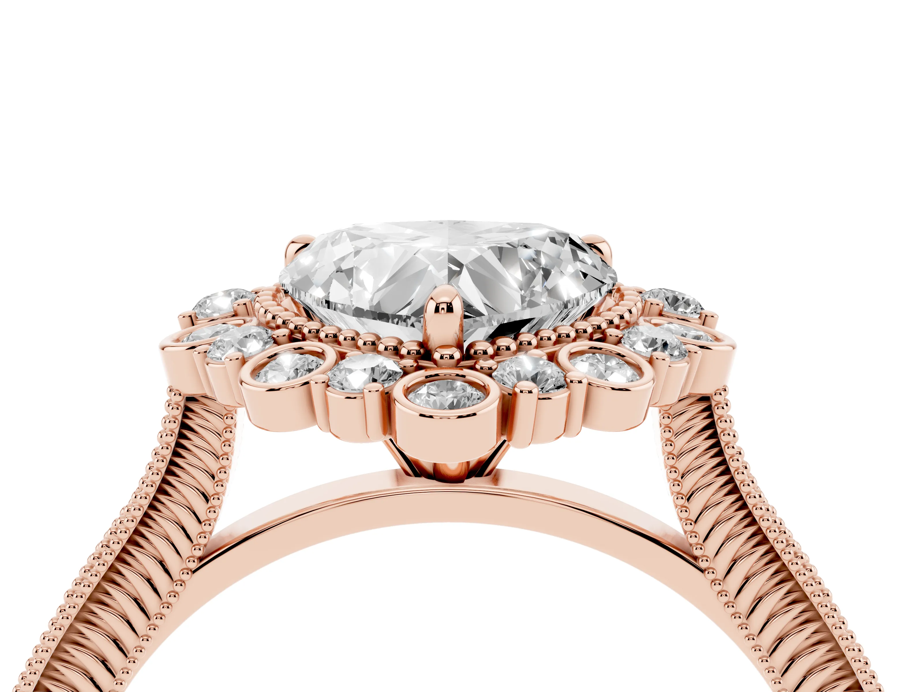 Heart Cut Diamond Halo Milgrain Pavé Ring Set in Rose gold with Prong Setting