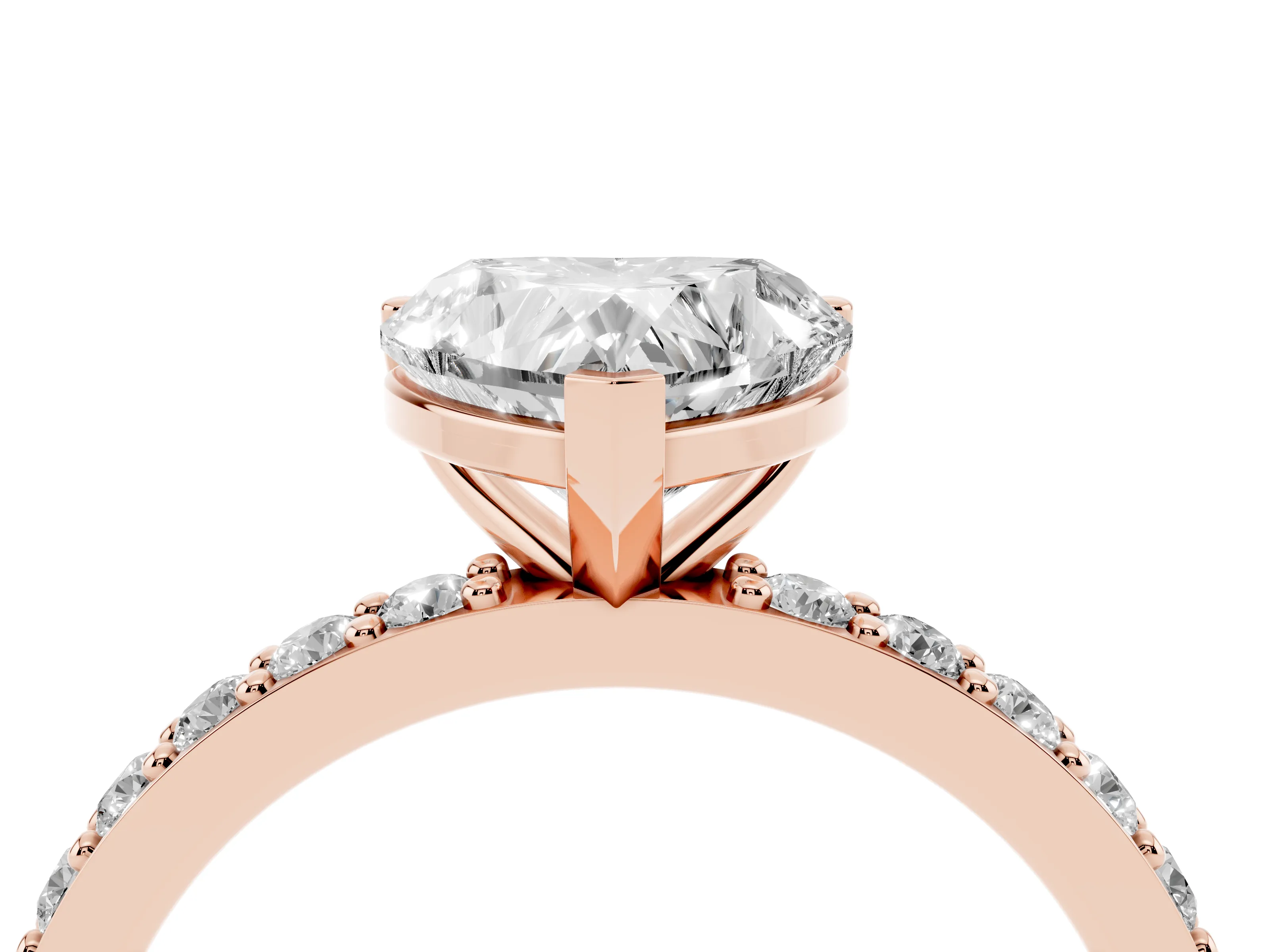 Heart Cut Diamond Solitaire Set in Rose gold with Round Pavé Band and Prong Setting