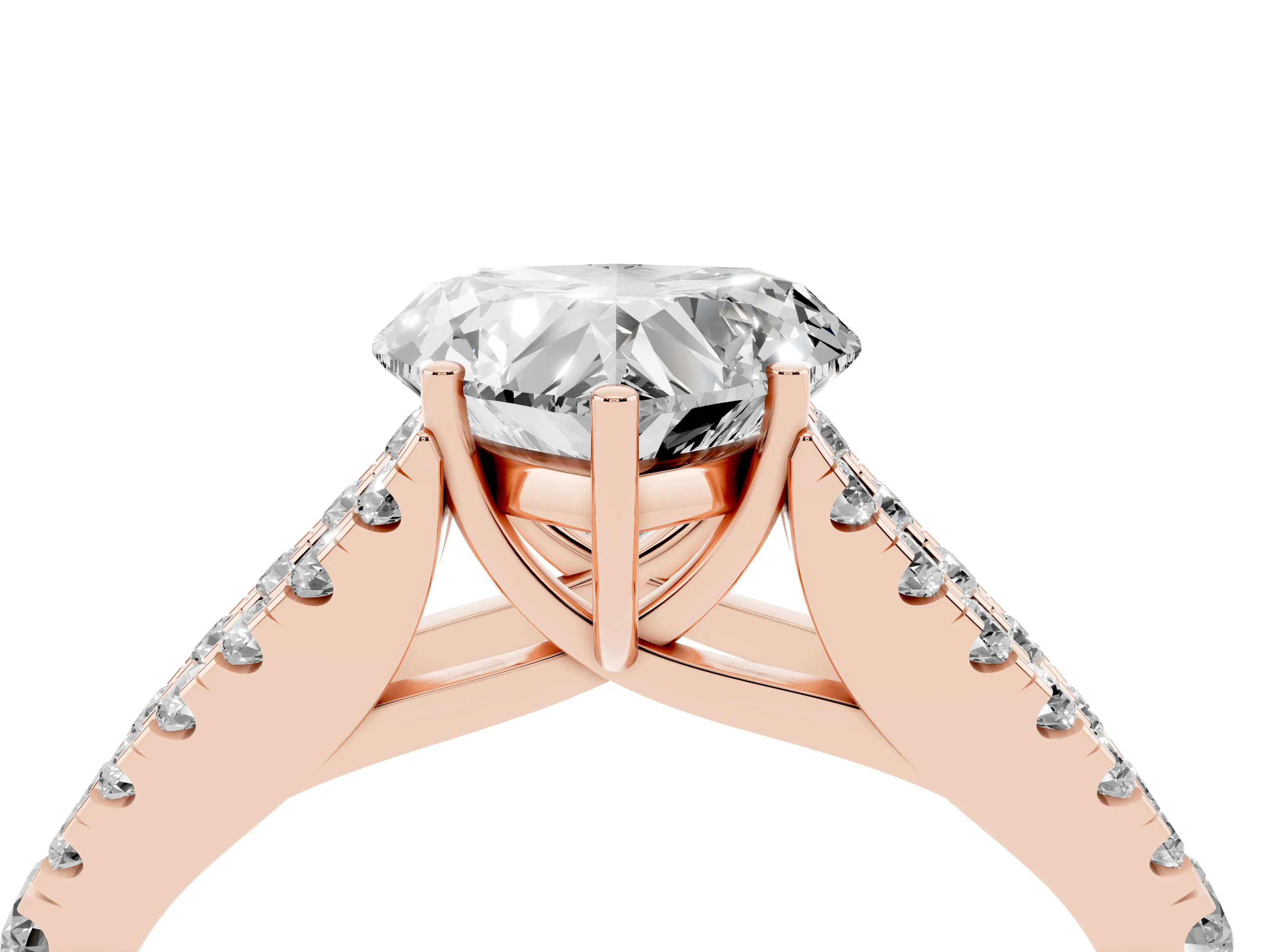 Heart Cut Diamond Split Shank Pavé Engagement Ring Set in Rose gold with Prong-Held Center Stone