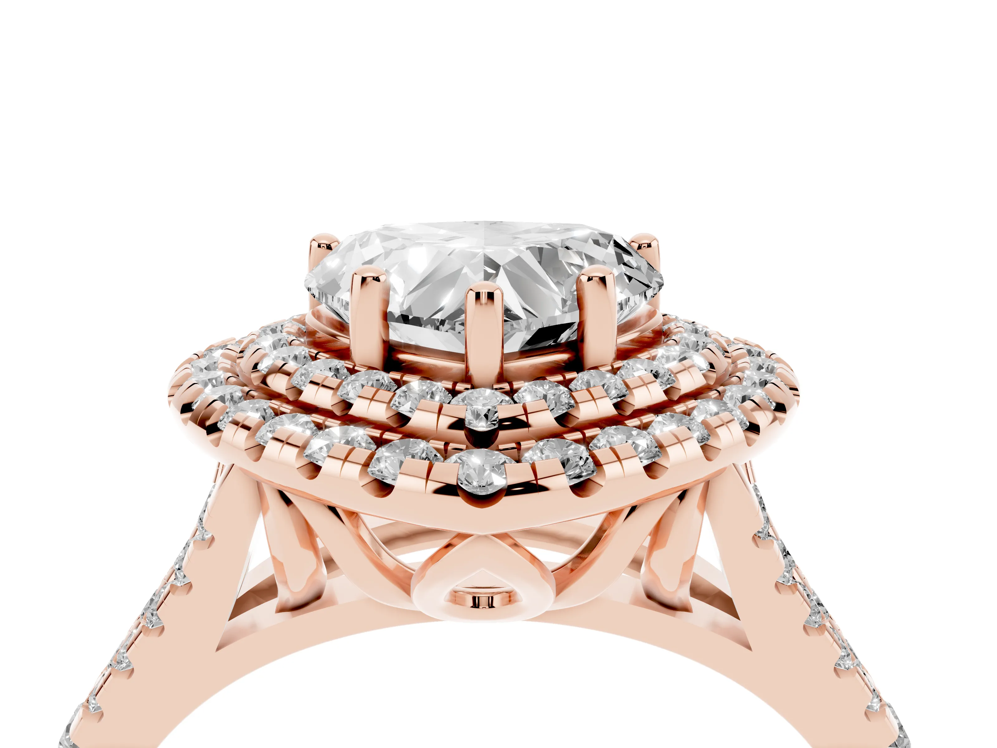 Heart Cut Diamond Double Halo Ring Set in Rose gold with Pavé Split Shank and Prong Setting
