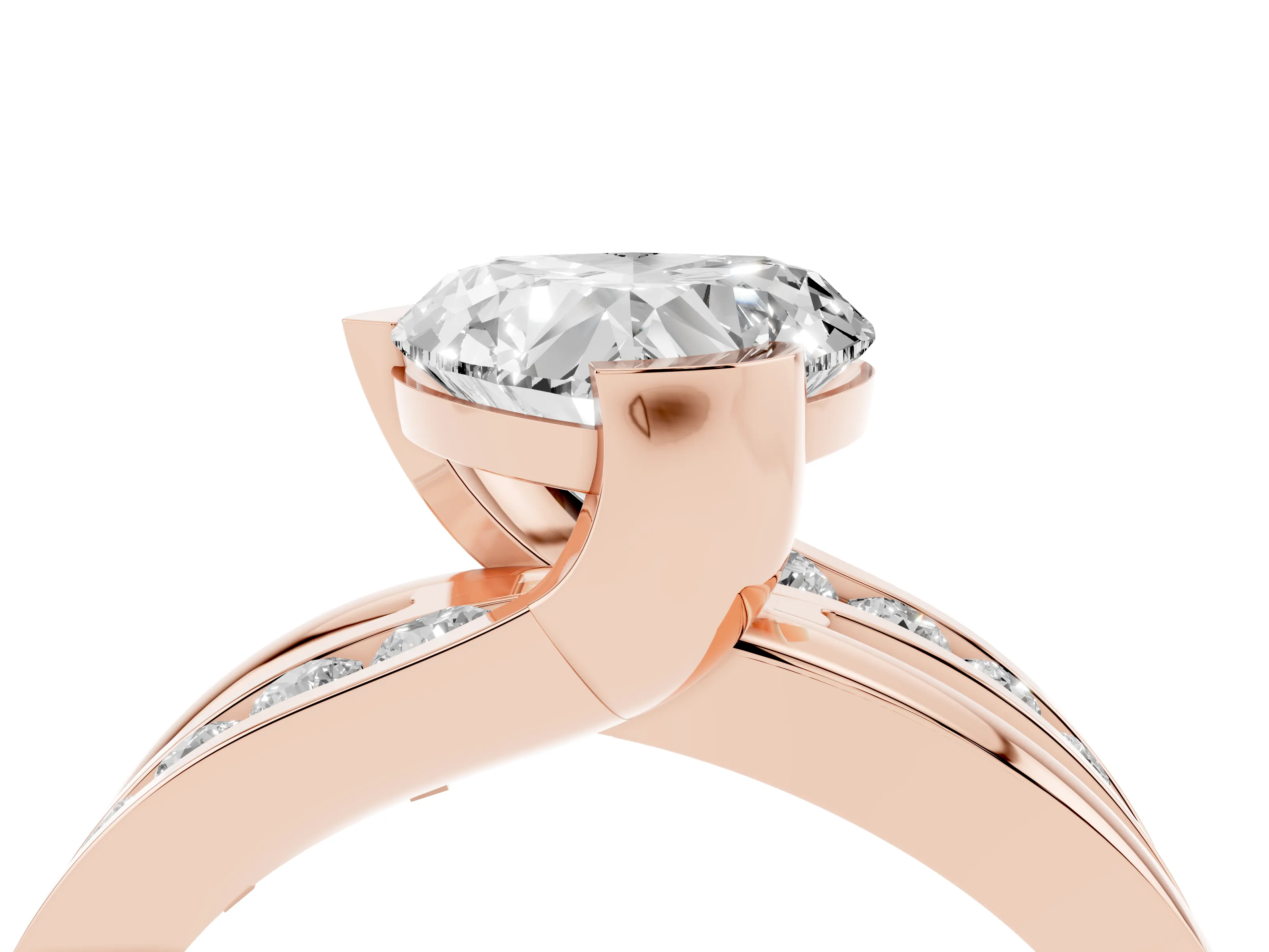 Heart Cut Diamond Solitaire Ring Set in Rose gold with Channel Set Split Shank and Tension Prongs