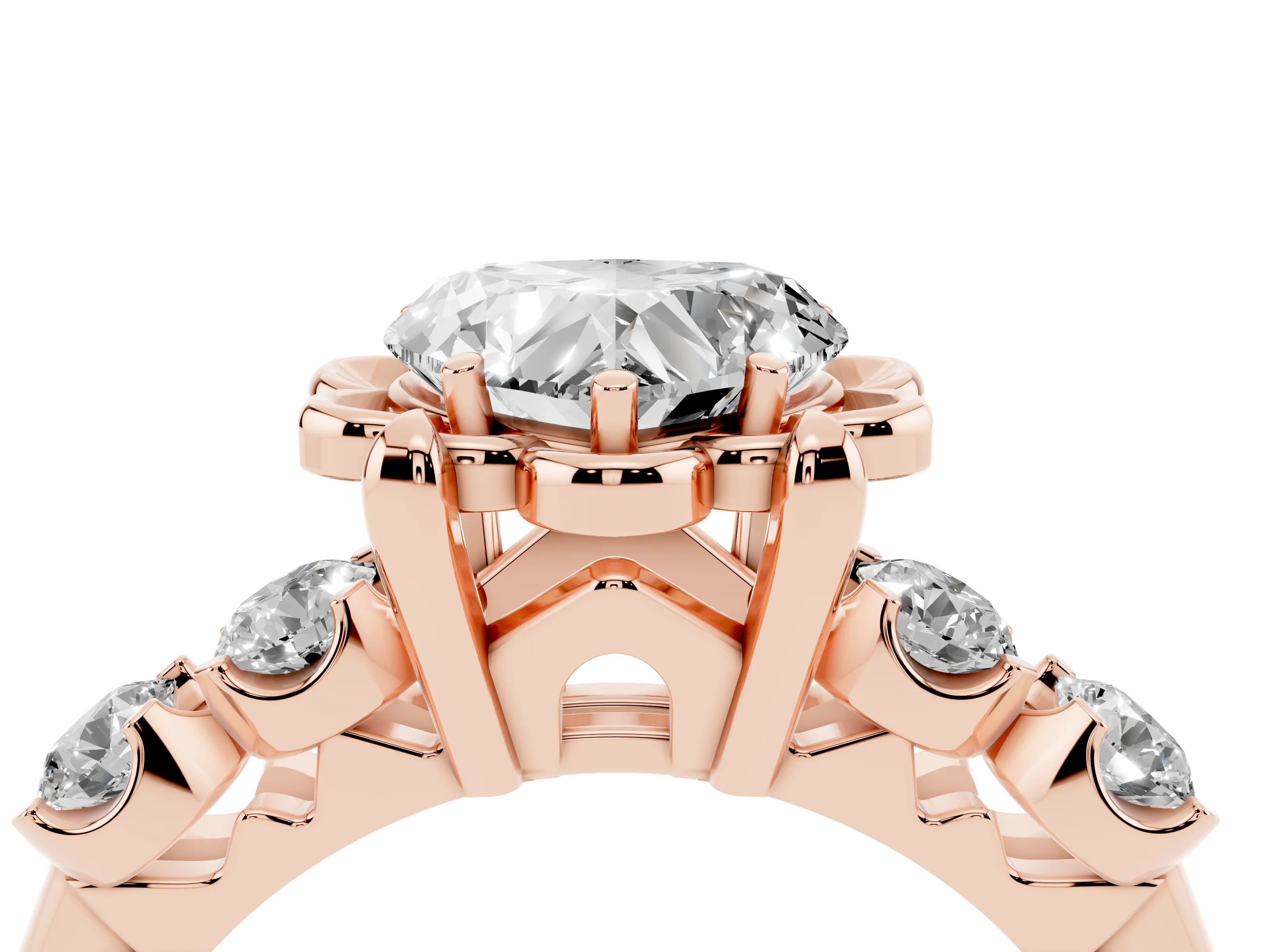 Heart Cut Diamond Floral Halo Ring Set in Rose gold with Shared Prong Band