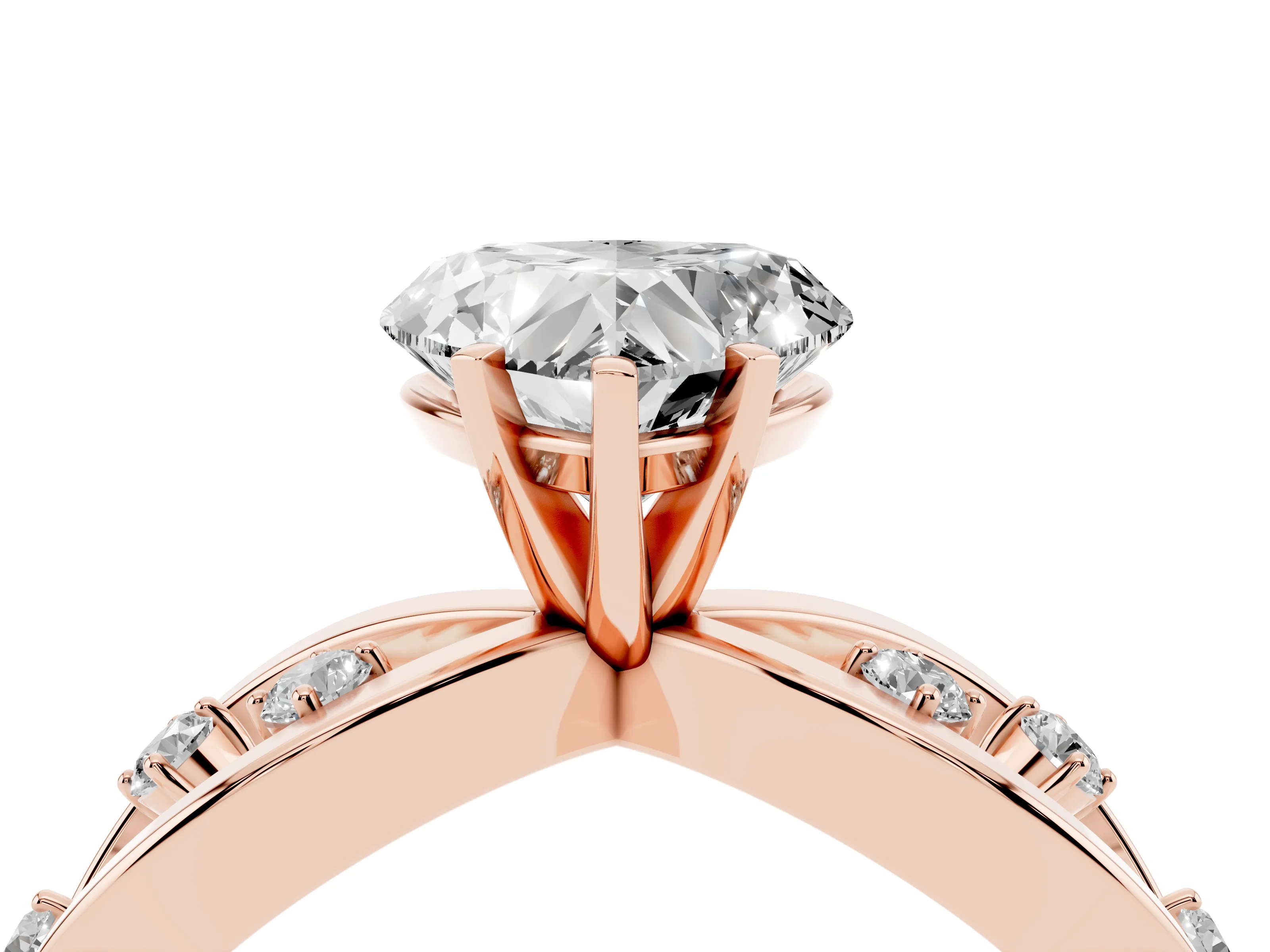 Heart Cut Diamond Solitaire Ring Set in Rose gold with Side Stones on Criss-Cross Band and Prong Setting