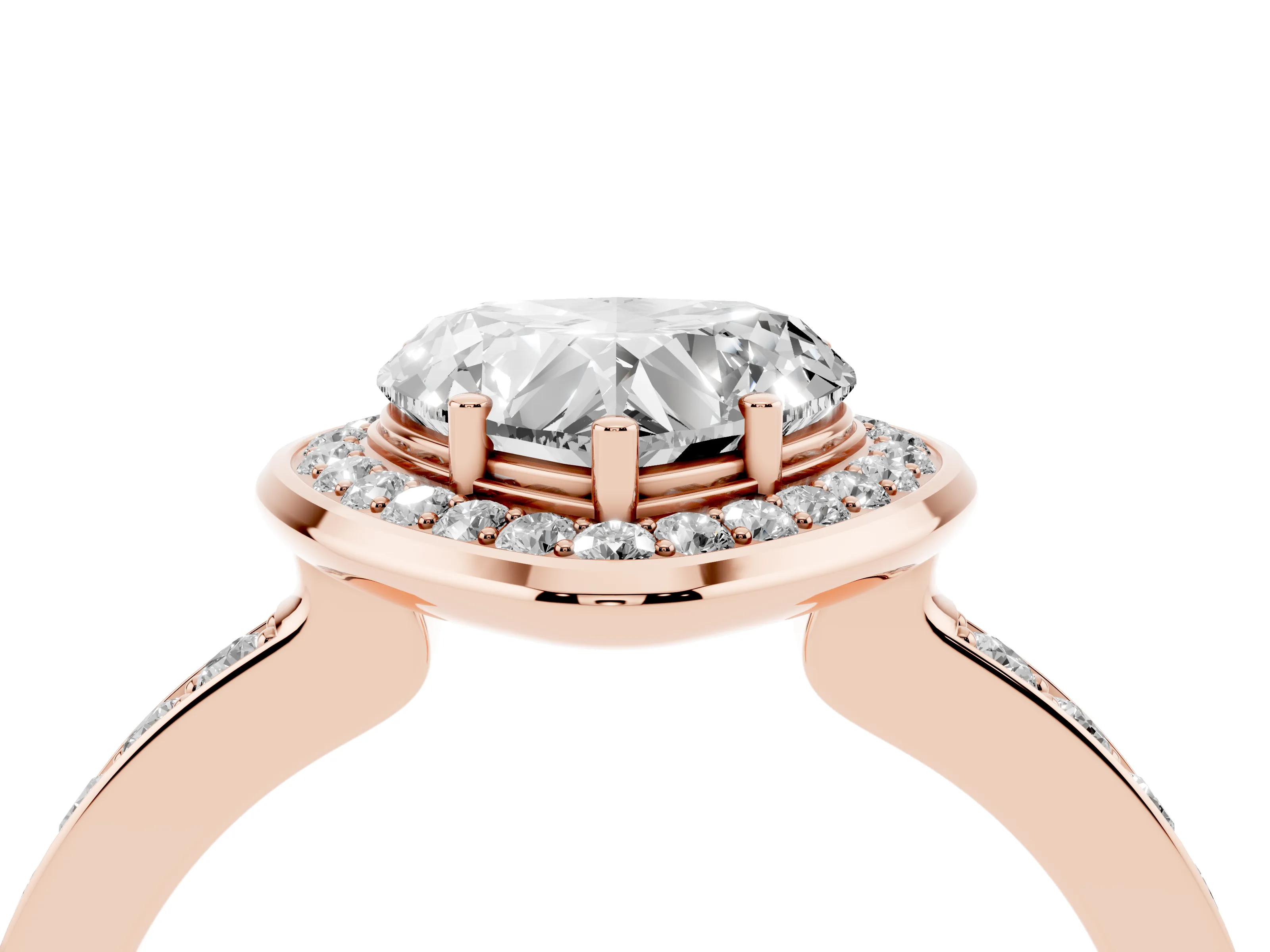 Heart Cut Diamond Halo Ring Set in Rose gold with Bezel Frame and Pavé Band