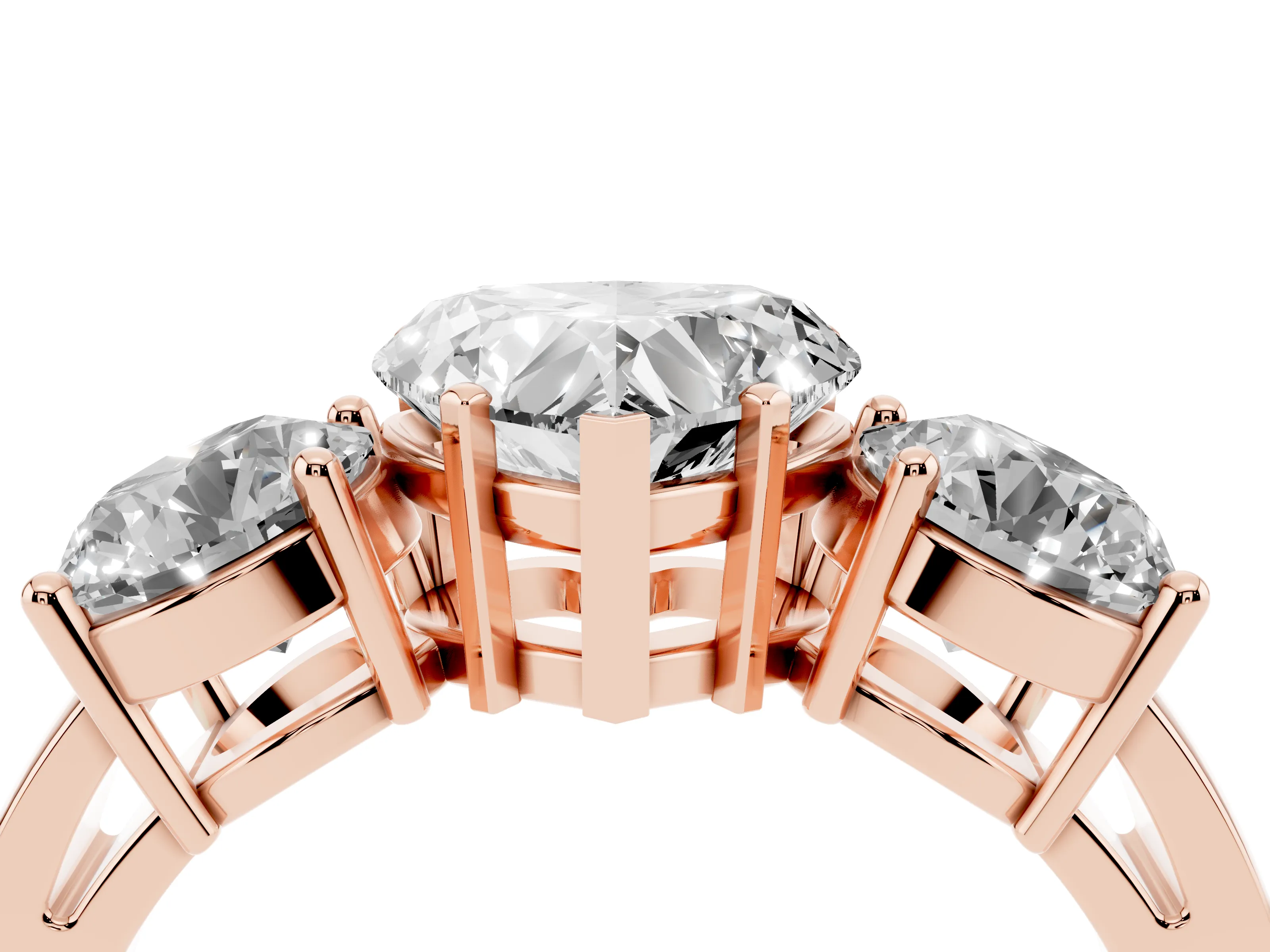 Heart Cut Diamond Three-Stone Ring Set in Rose gold with Round Side Stones and Classic Band