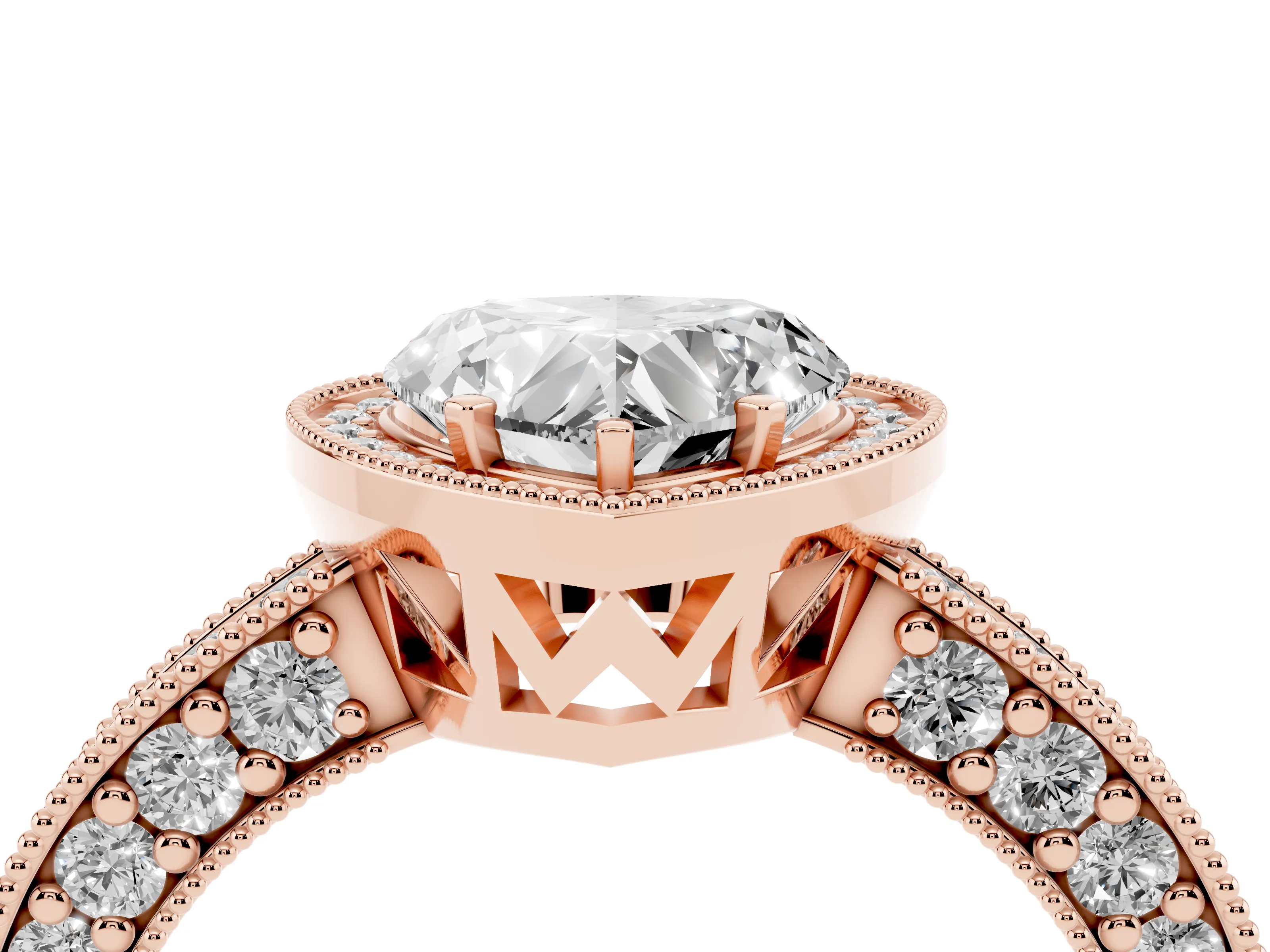 Heart Cut Diamond Halo Pavé Band Ring Set in Rose gold with Prong-Set Center