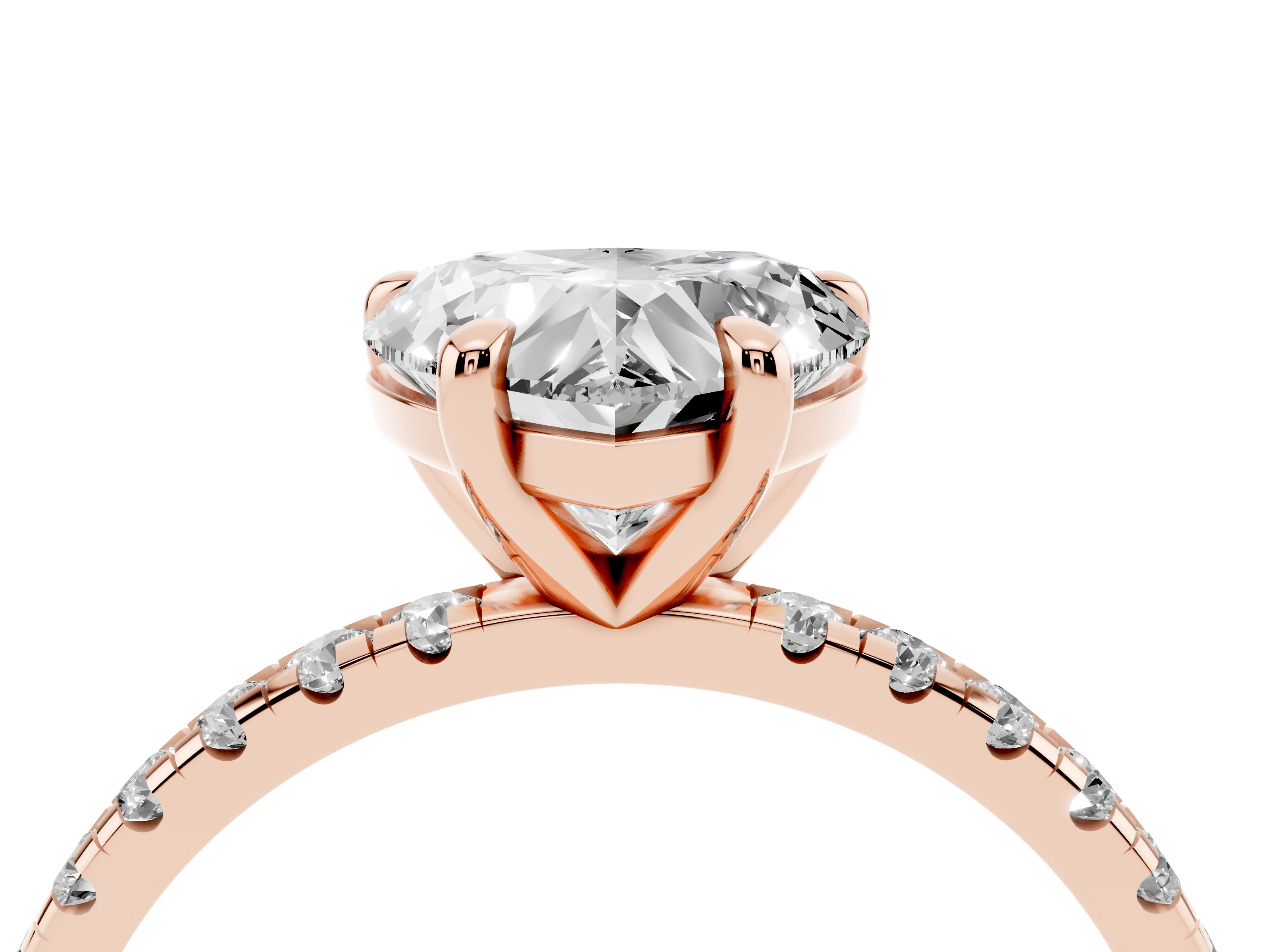 Heart Cut Diamond Brilliant Solitaire Ring Set in Rose gold with Pavé Band and Prong Setting